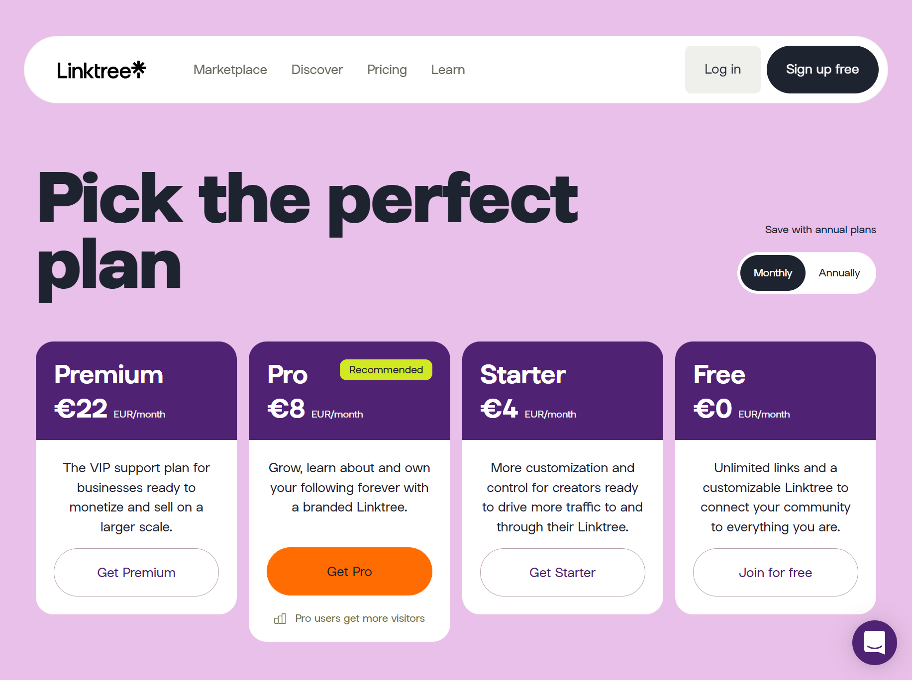 Pricing page - Linktree