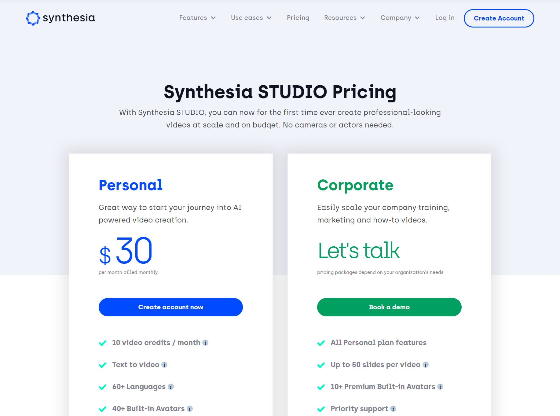 Pricing page - Synthesia Al videos from text