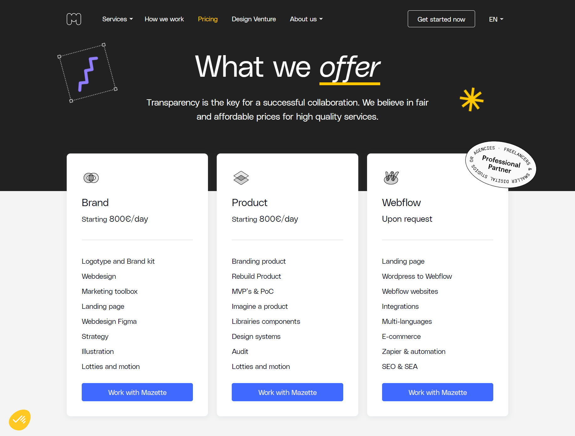 Pricing page - Mezetter collective