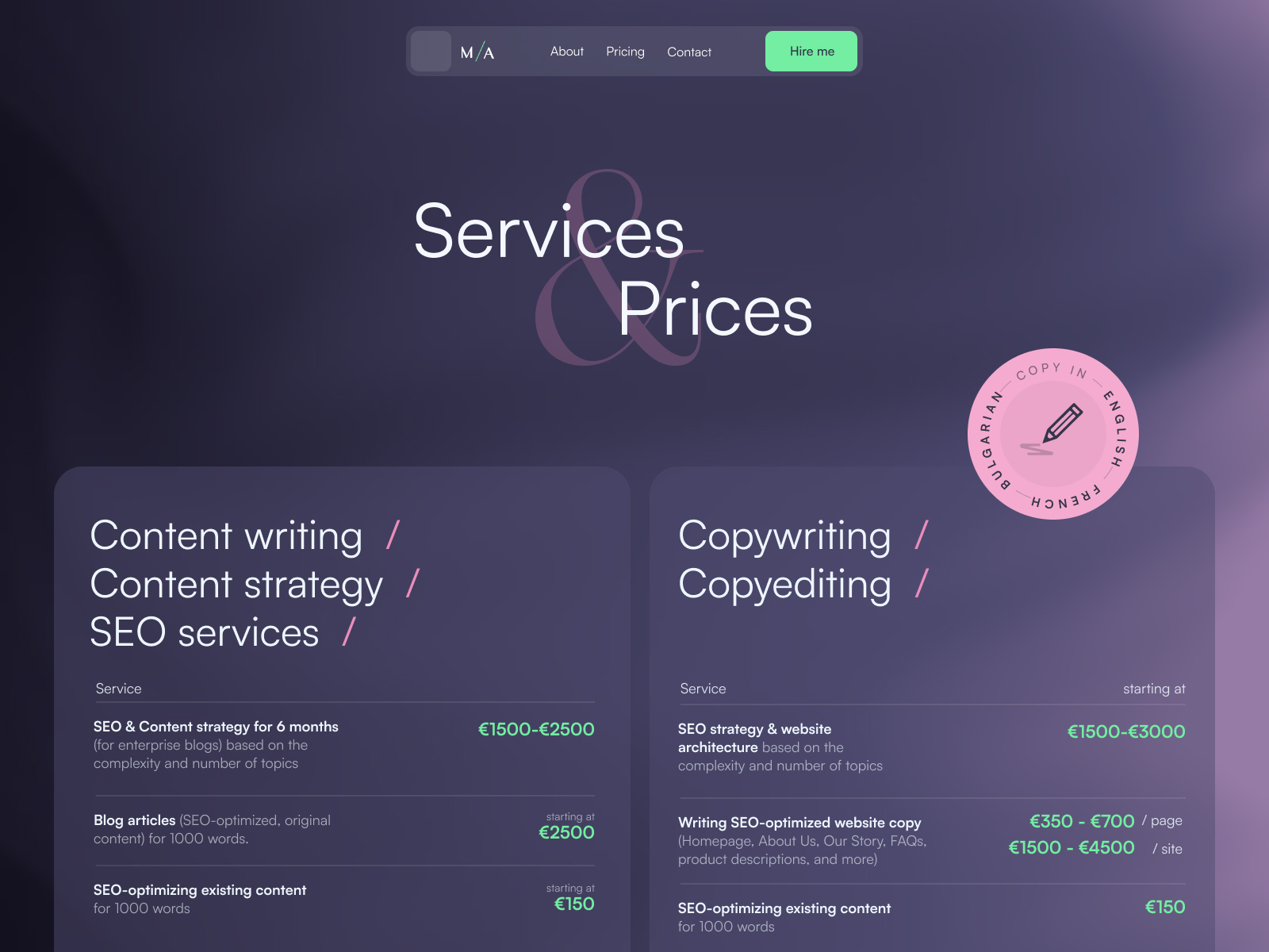 MIlena Alexandrova Pricing Page Awwwards