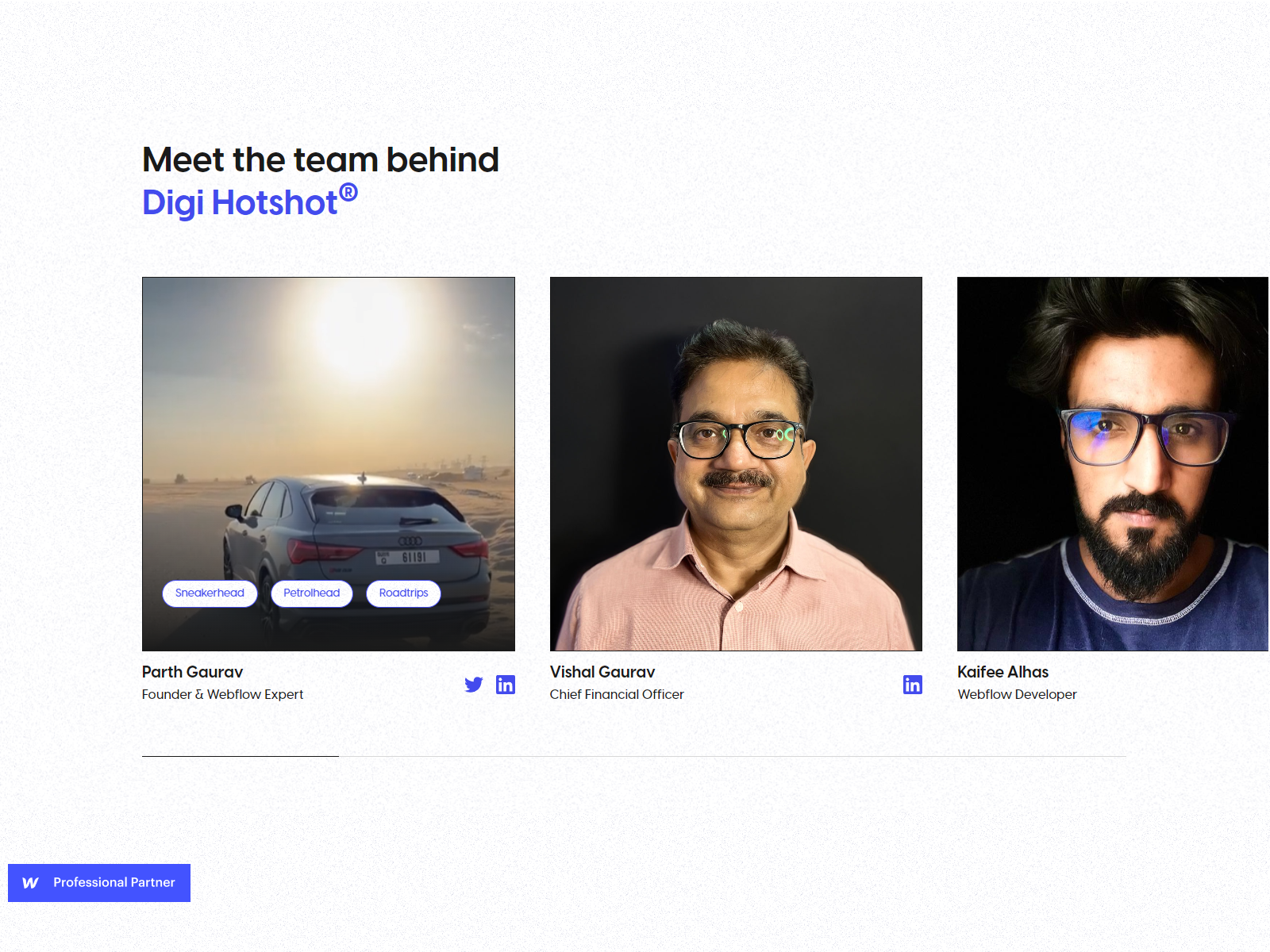 Team slider section powered by Webflow CMS