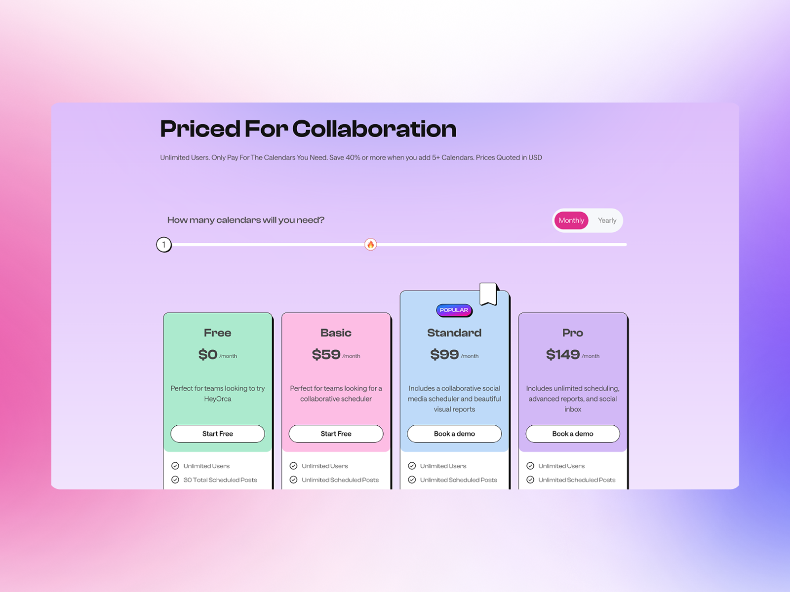 Interactive pricing page