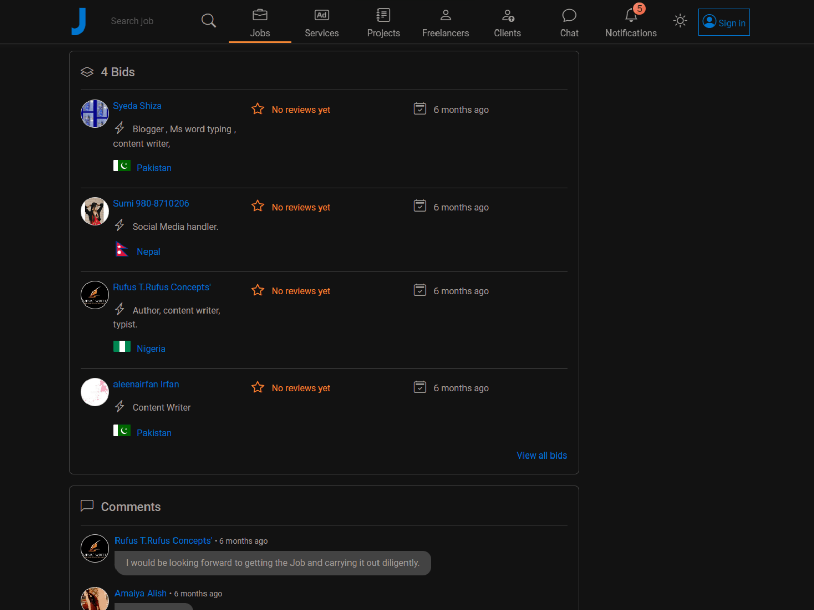 Freelance job comments and bids