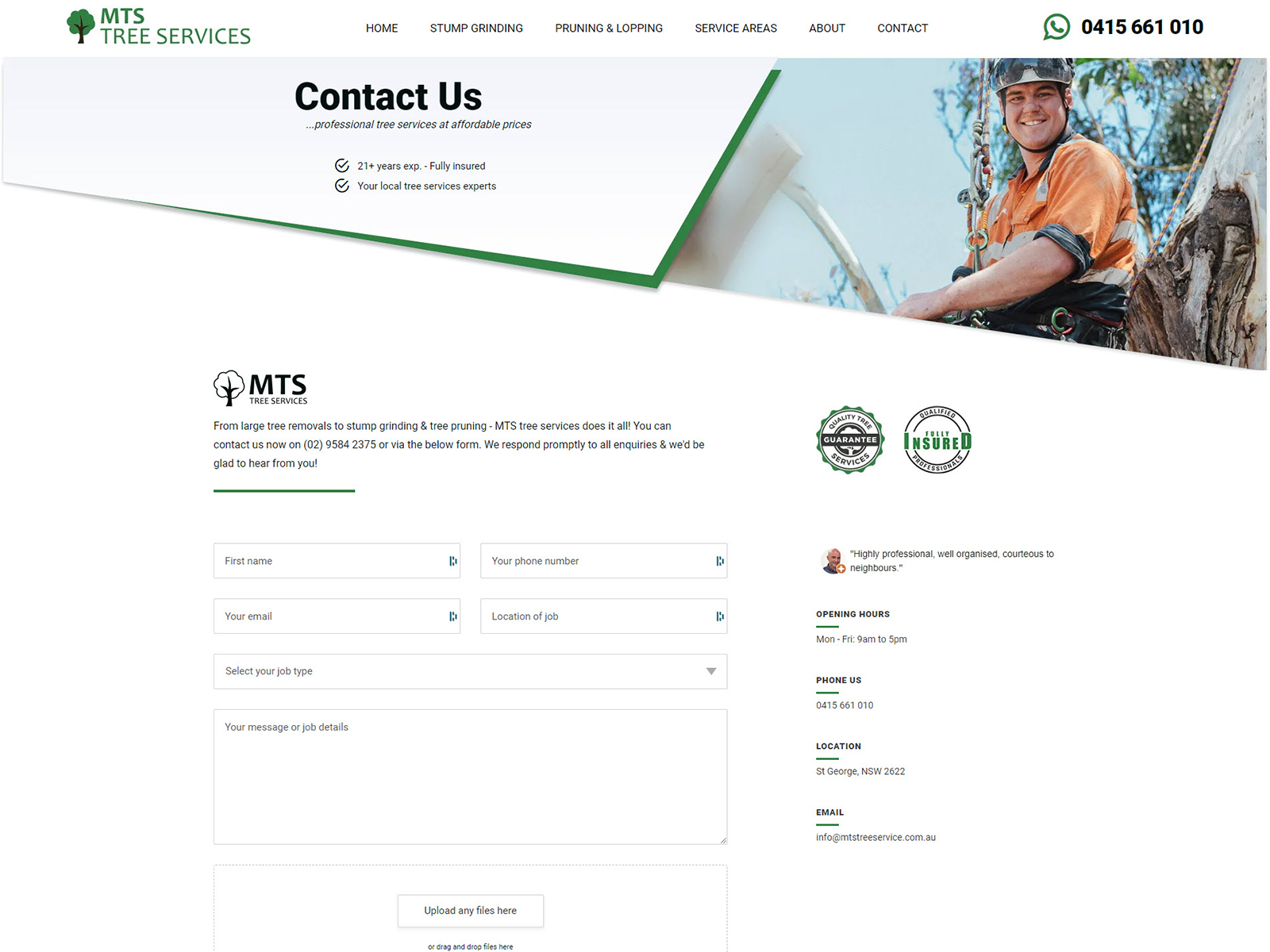MTS Tree Services Contact Us Page