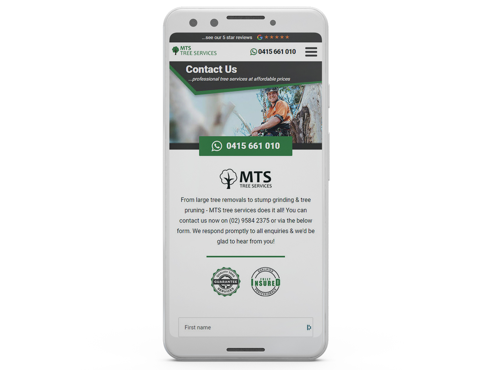 MTS Tree Services Contact Us Page