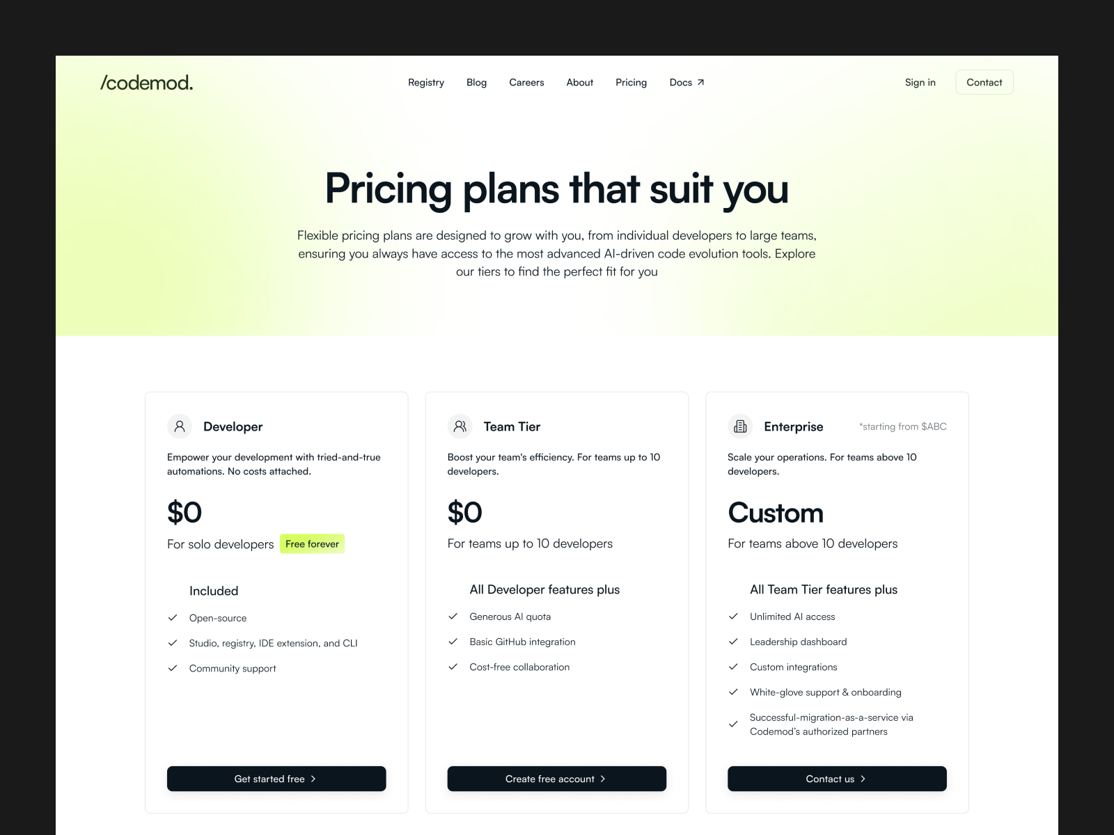 Codemod's pricing page
