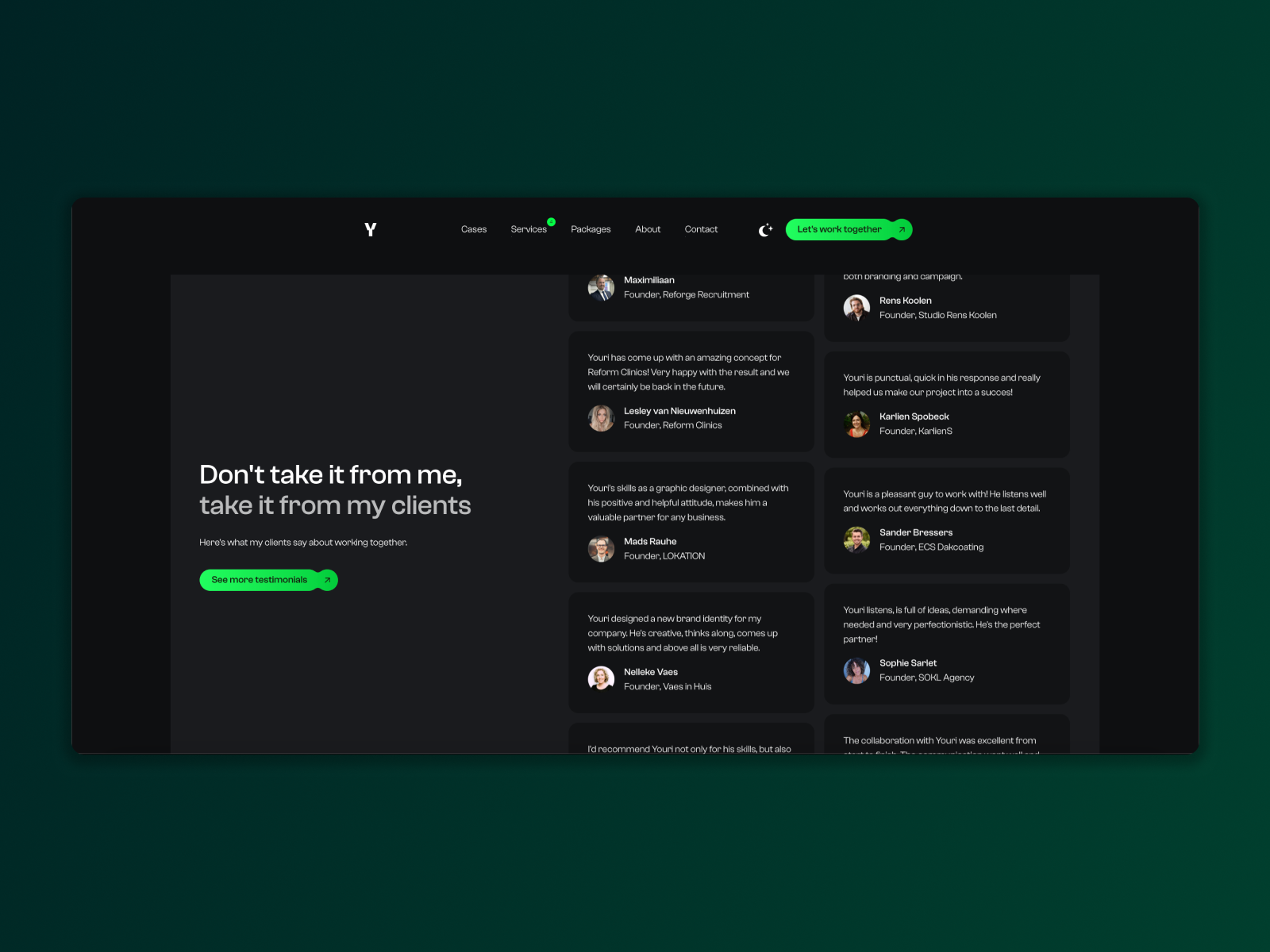 Dark mode testimonial section variation