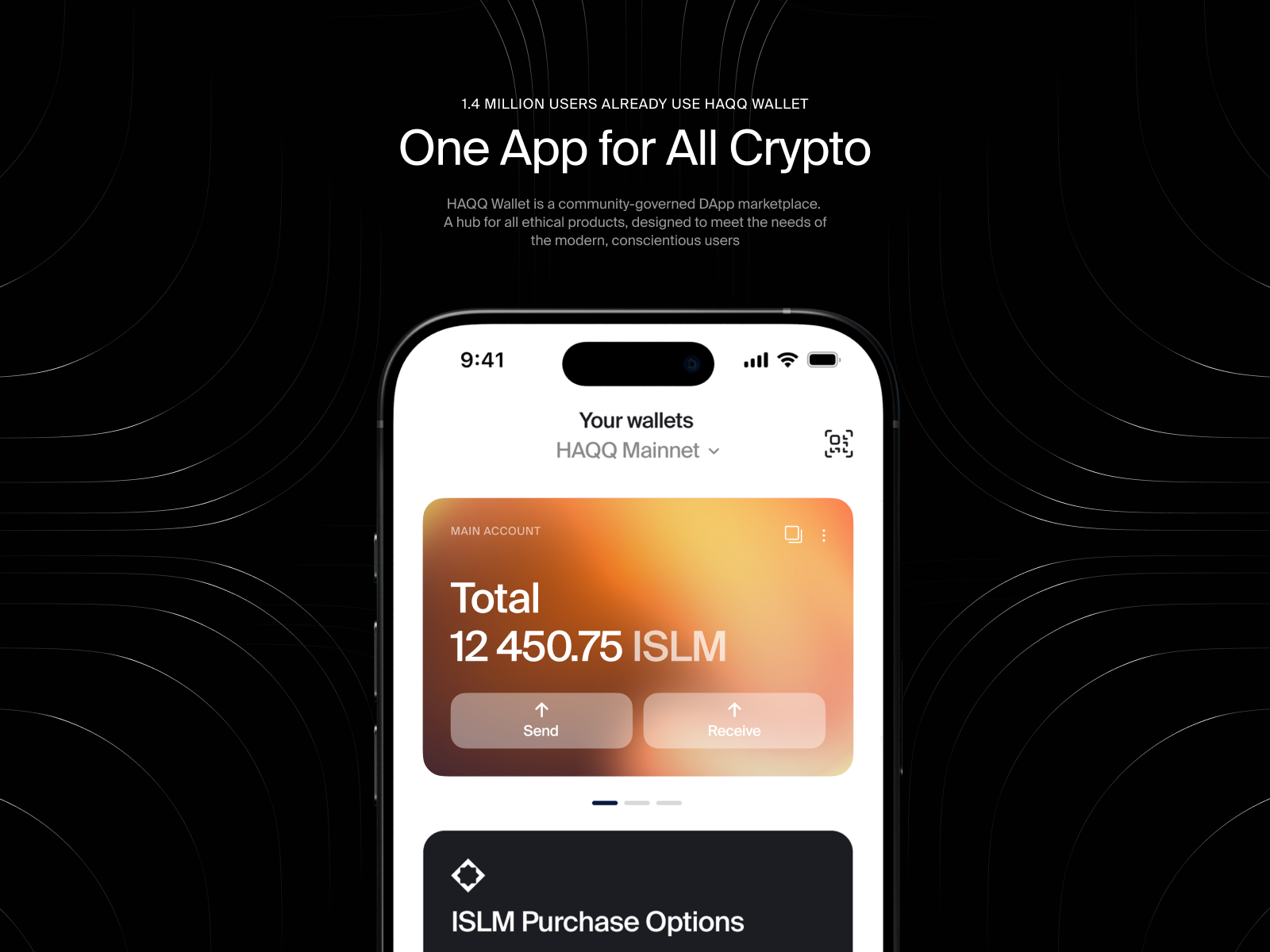 The website also highlights the HAQQ Wallet app, providing access to all assets and products in the ecosystem