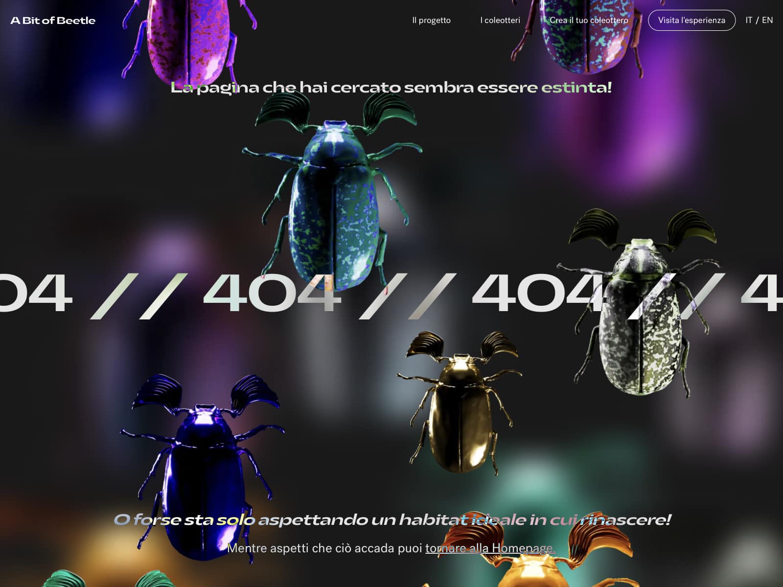 404 page of A Bit of Beetle with some creations from the 3D configurator.