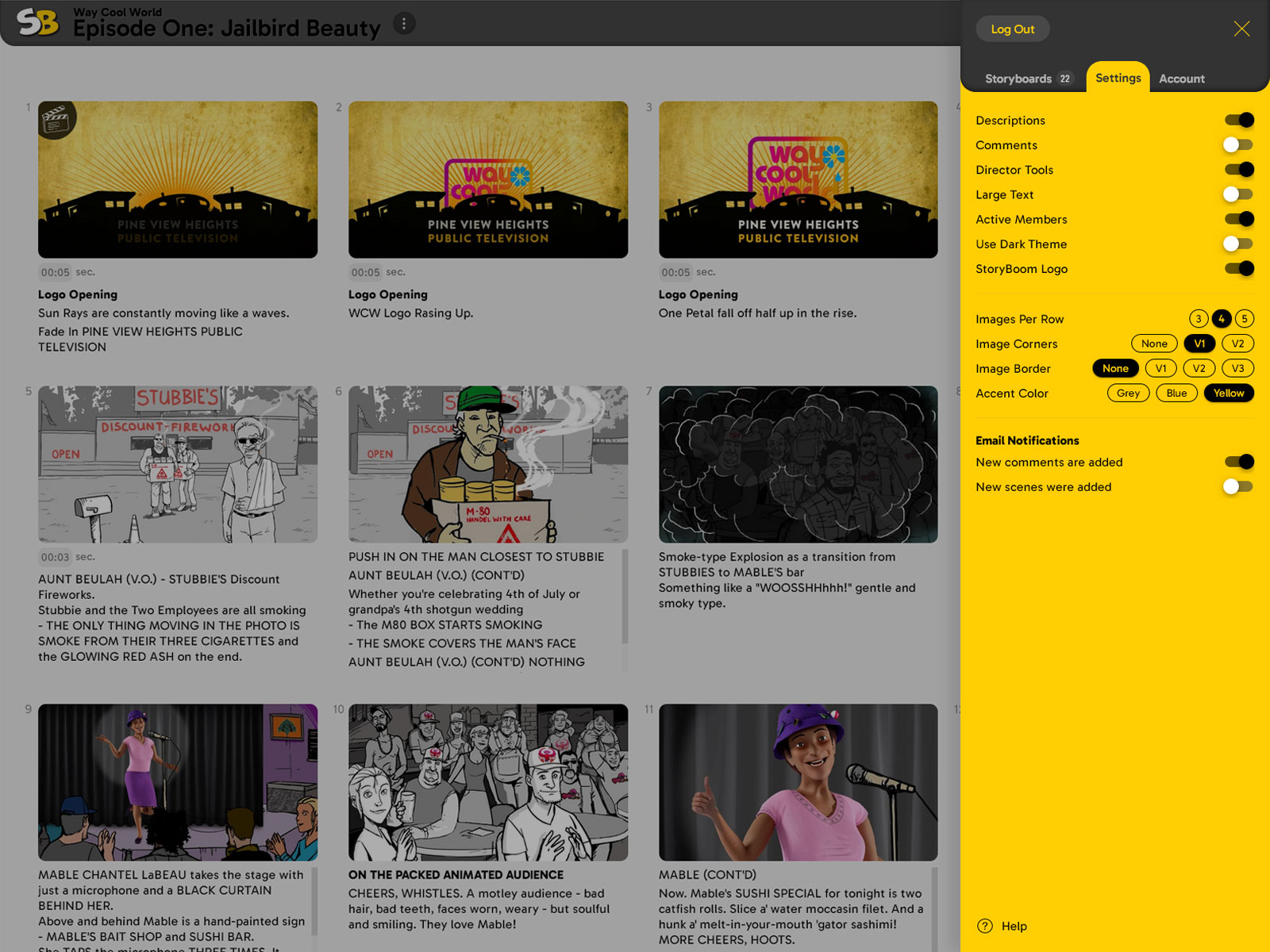Storyboard App; Dashboard, App Scenes, Director Tools