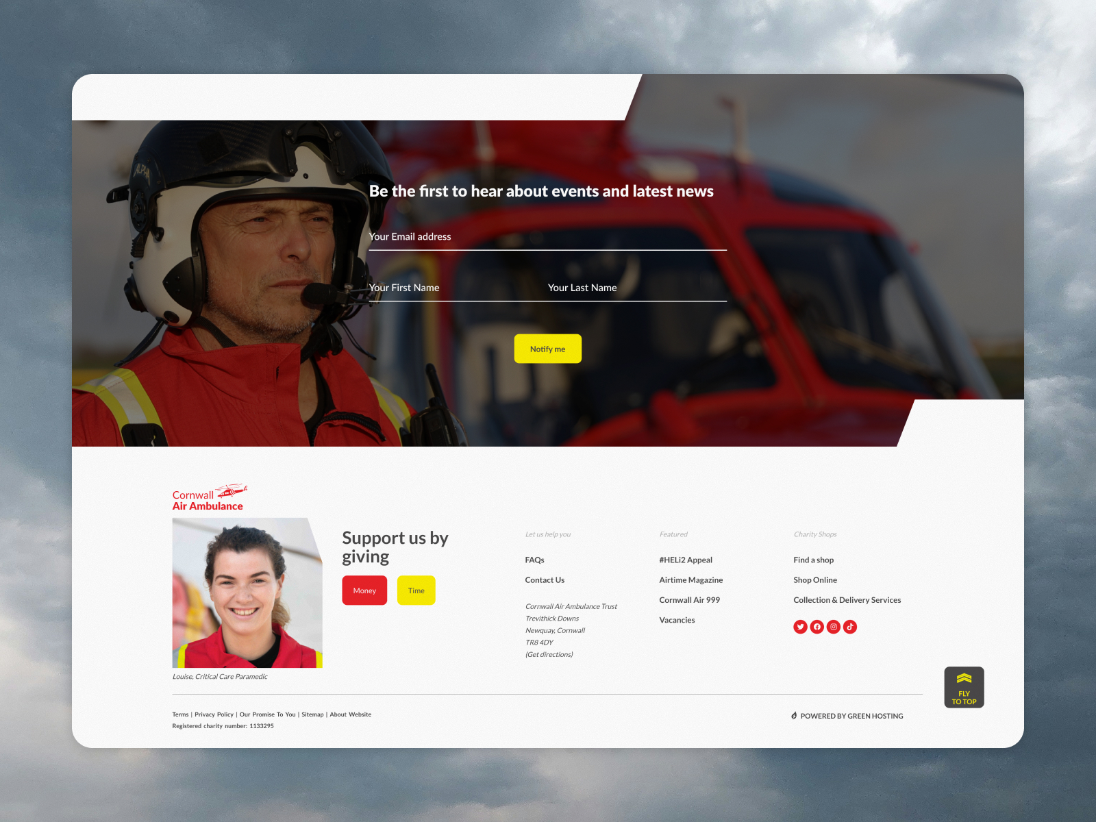 Footer guides intent by directing users to ‘give money or time’, boosting donations and event sign-ups.
