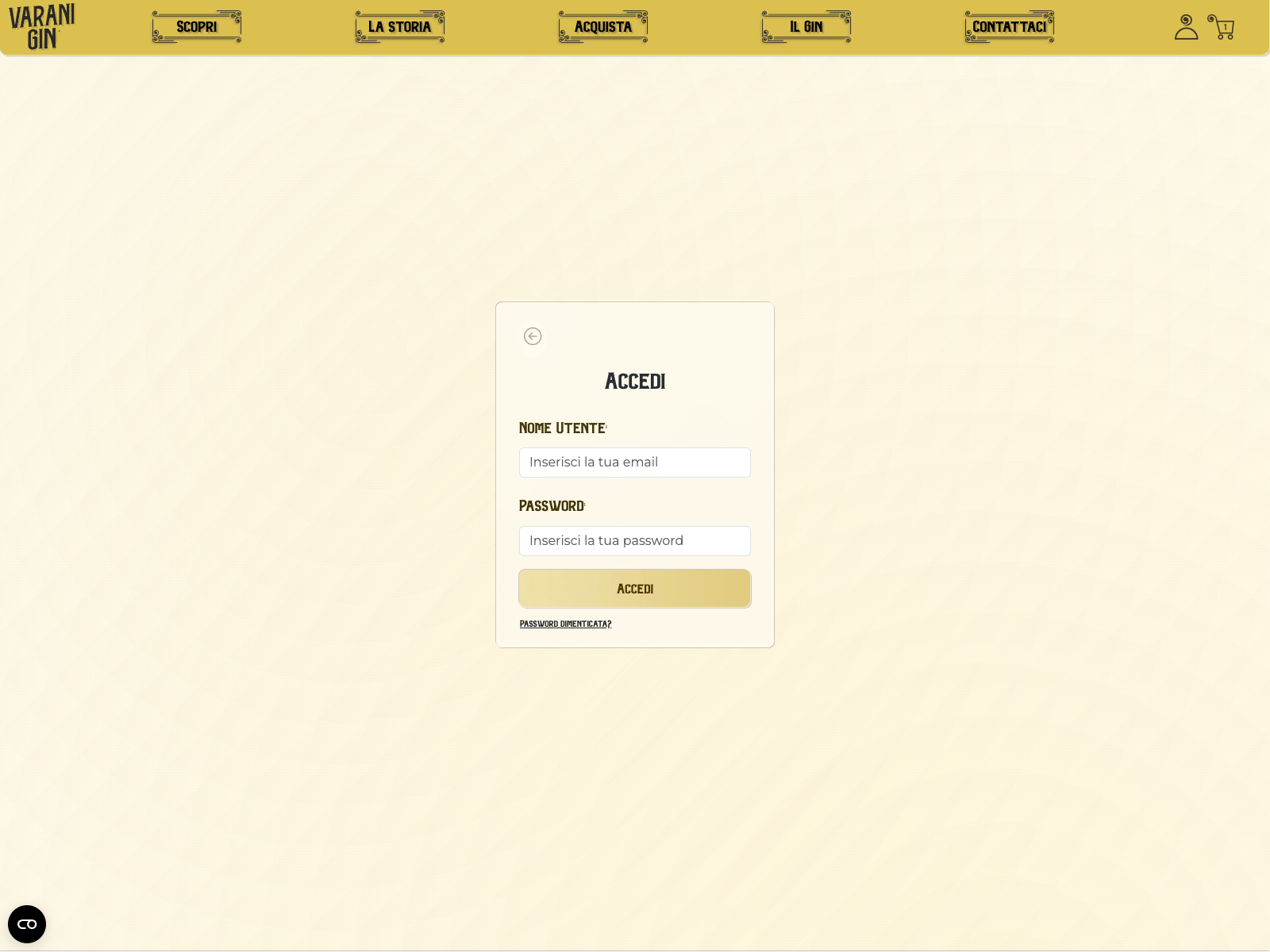 A custom personal area built on Shopify APIs with a glass-like UI inspired by the Varani Gin bottle where clear inline error messages hide playful surprises for users.
