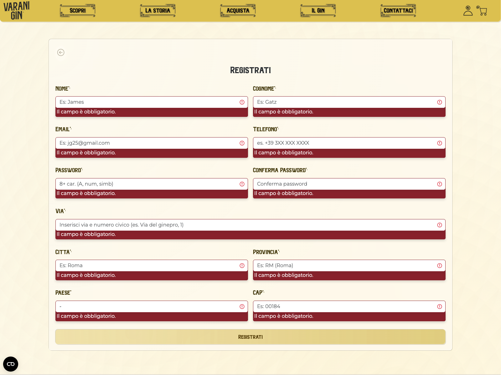 A custom personal area built on Shopify APIs with a glass-like UI inspired by the Varani Gin bottle where clear inline error messages hide playful surprises for users.