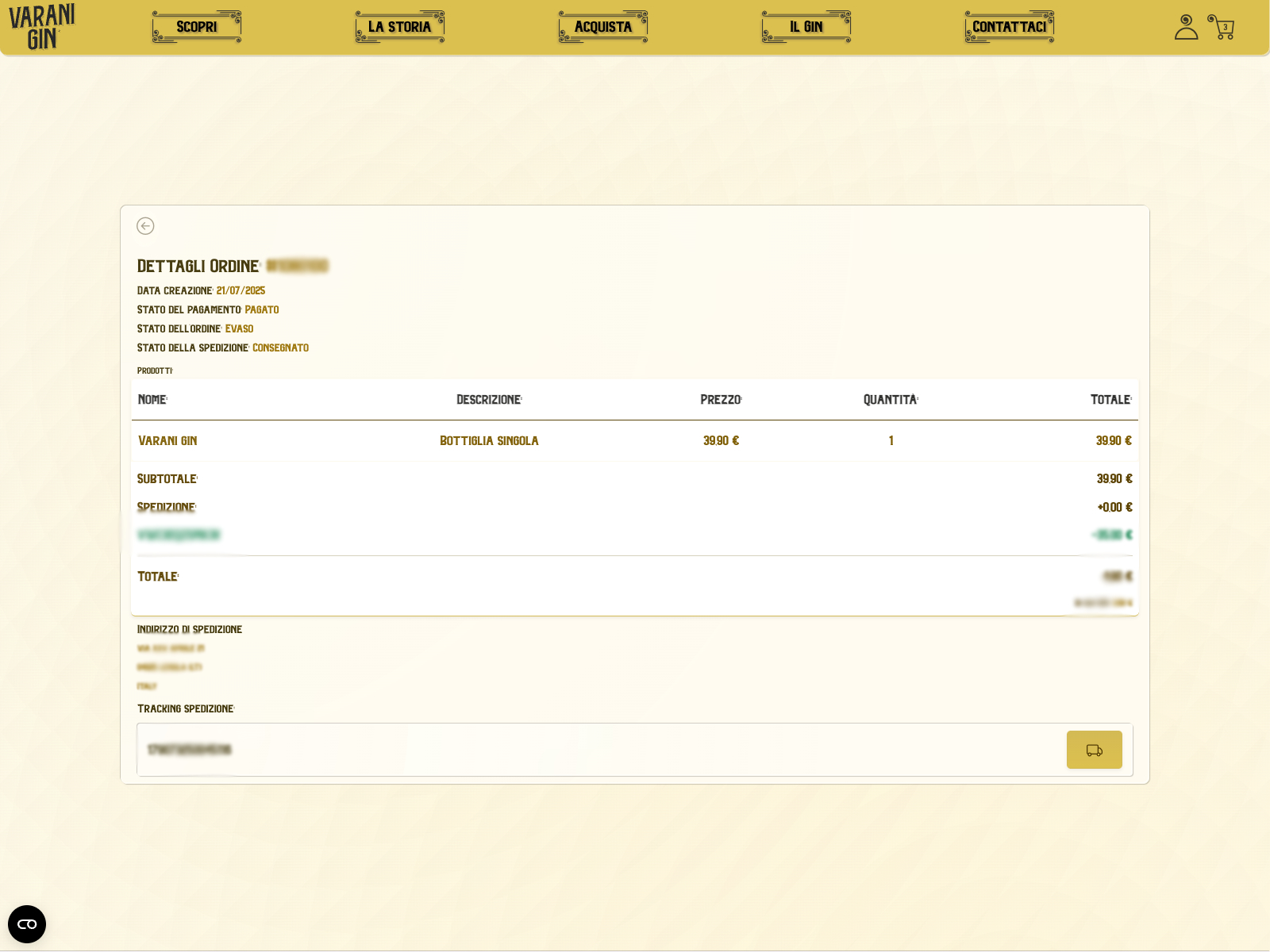 A custom personal area built on Shopify APIs with a glass-like UI inspired by the Varani Gin bottle where clear inline error messages hide playful surprises for users.