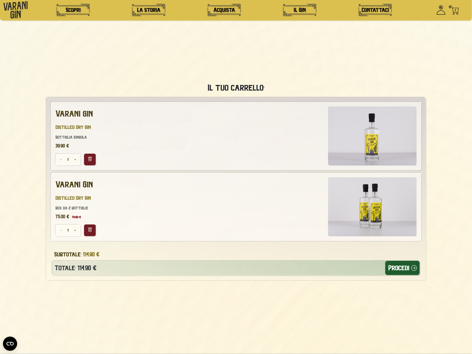 A custom shopify cart designed with transparency and colors that echo Varani Gin, its label, its glass, its clear bottle.