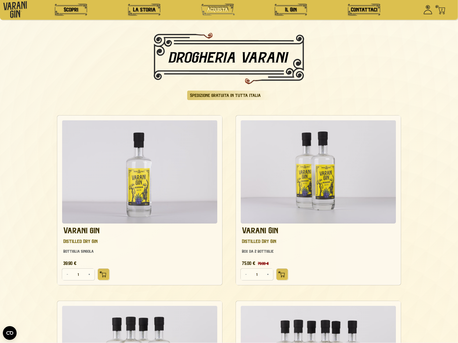 The store: a clean, intuitive page to add Varani Gin products to the cart, designed with Liberty influences and glass-like UI echoing the iconic bottle.