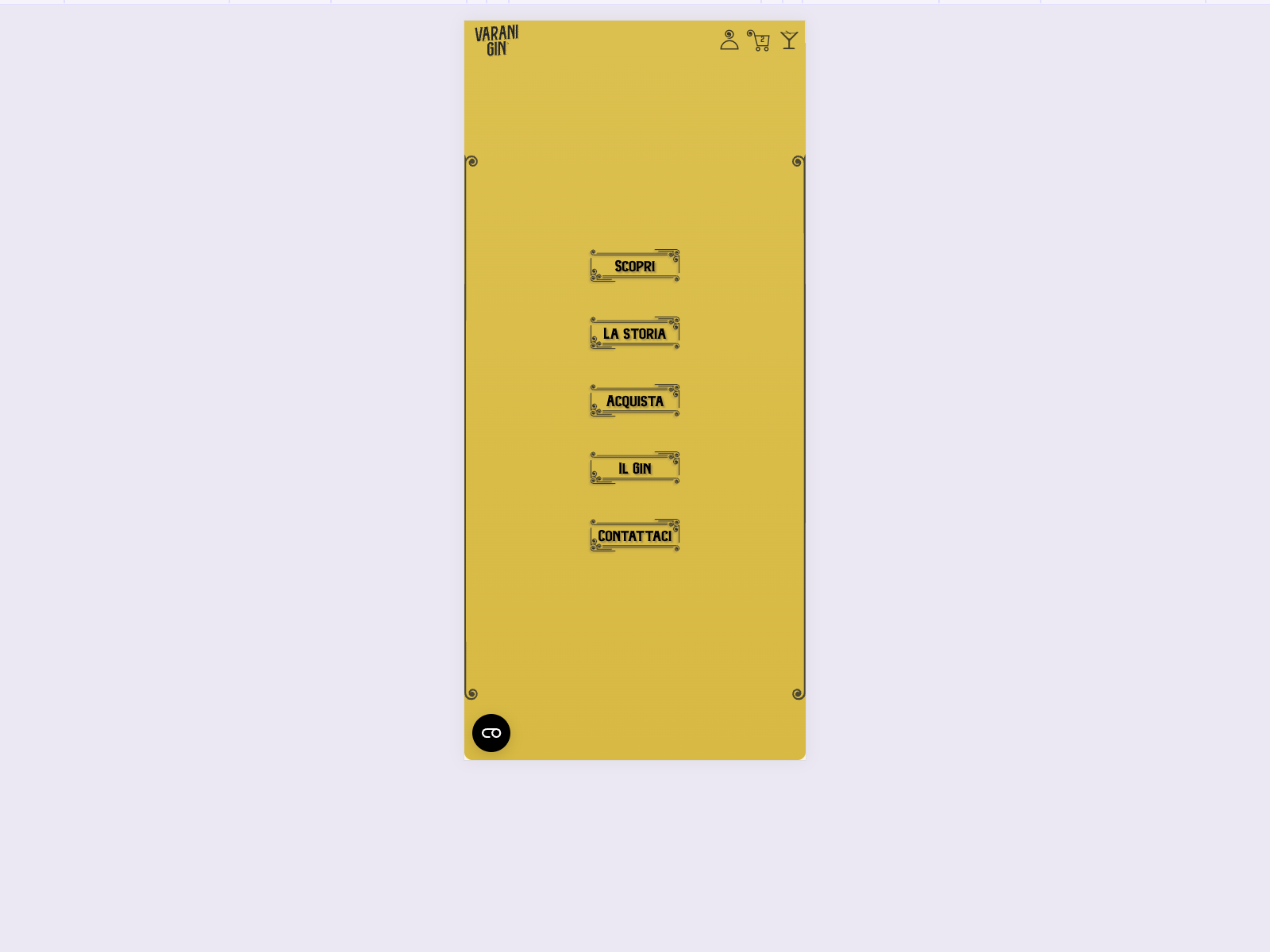 The liberty navigation bar: a custom navbar capturing Gatsby’s atmosphere and art nouveau elegance. A simple burger button wasn’t immersive enough, so I developed a transition where the icon morphs into a gin cup when clicked.