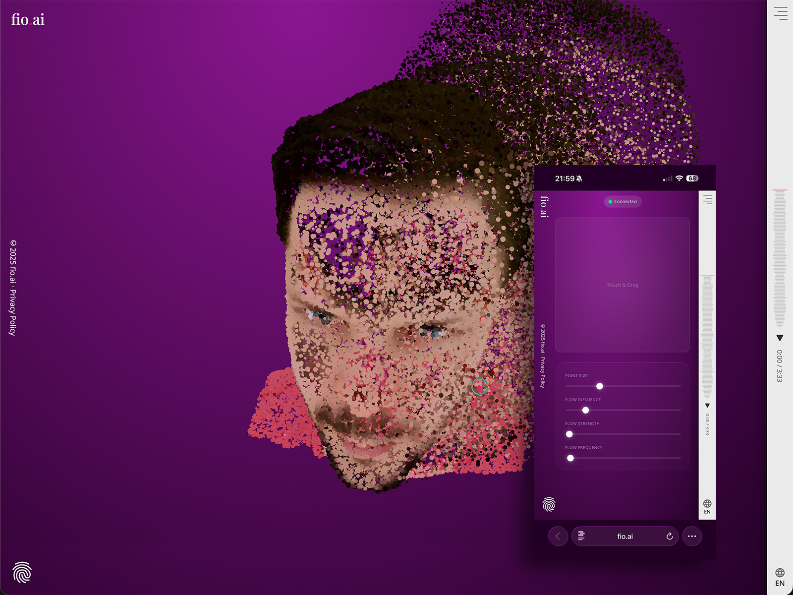 Tap the fingerprint icon in the bottom-left corner to generate a QR code that connects your mobile device to the 3D object so you can adjust its settings.