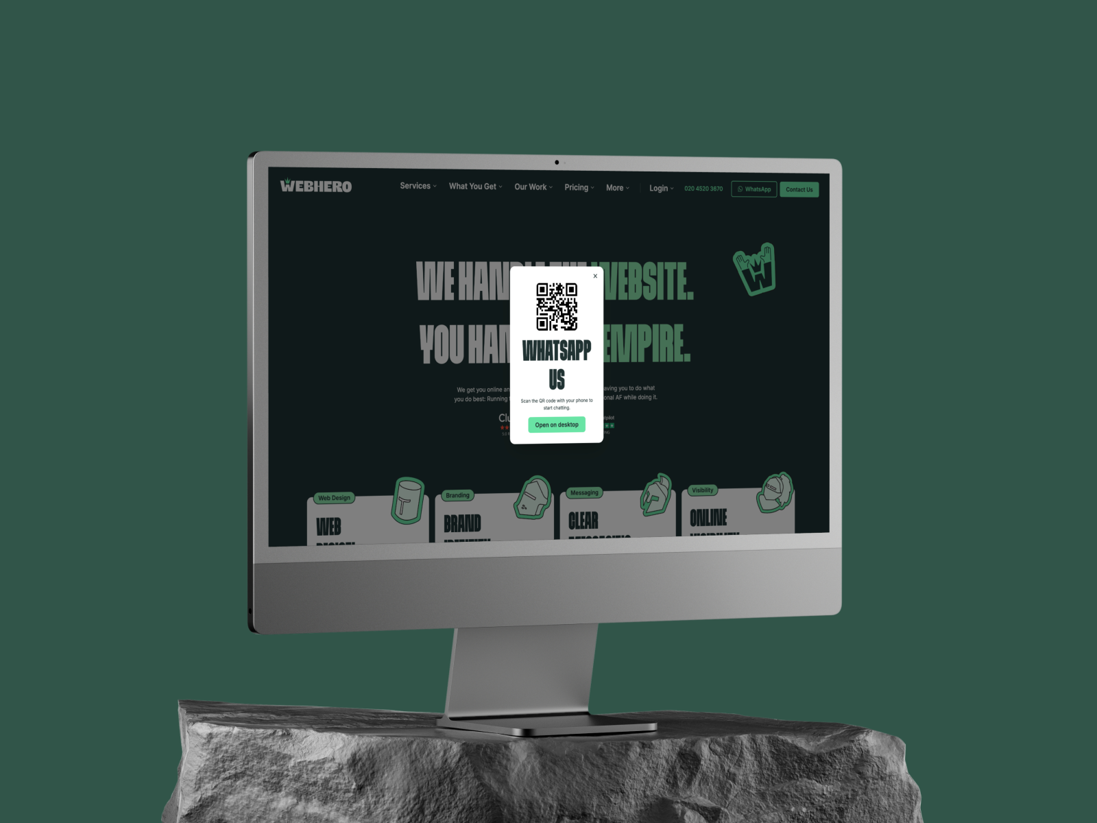 WhatsApp Modal with desktop/mobile link...