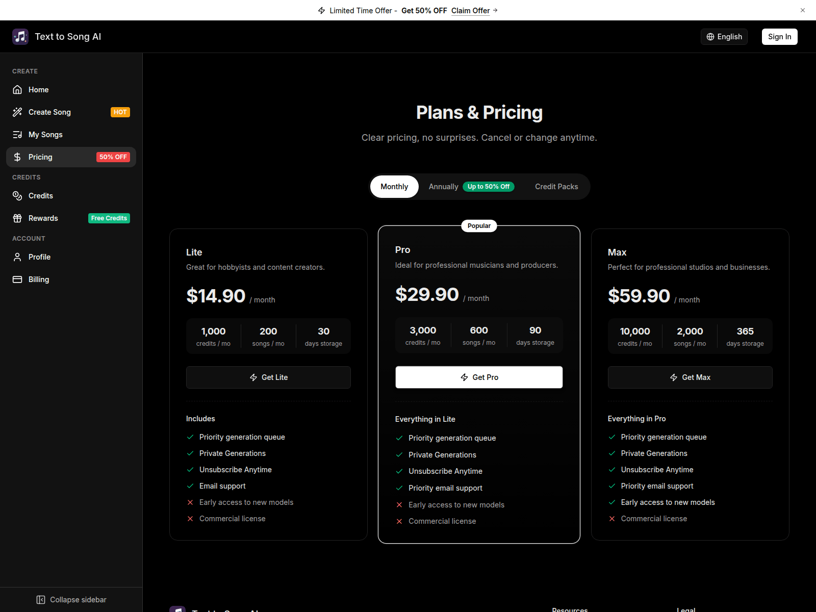 Plans & Pricing - Text to Song AI