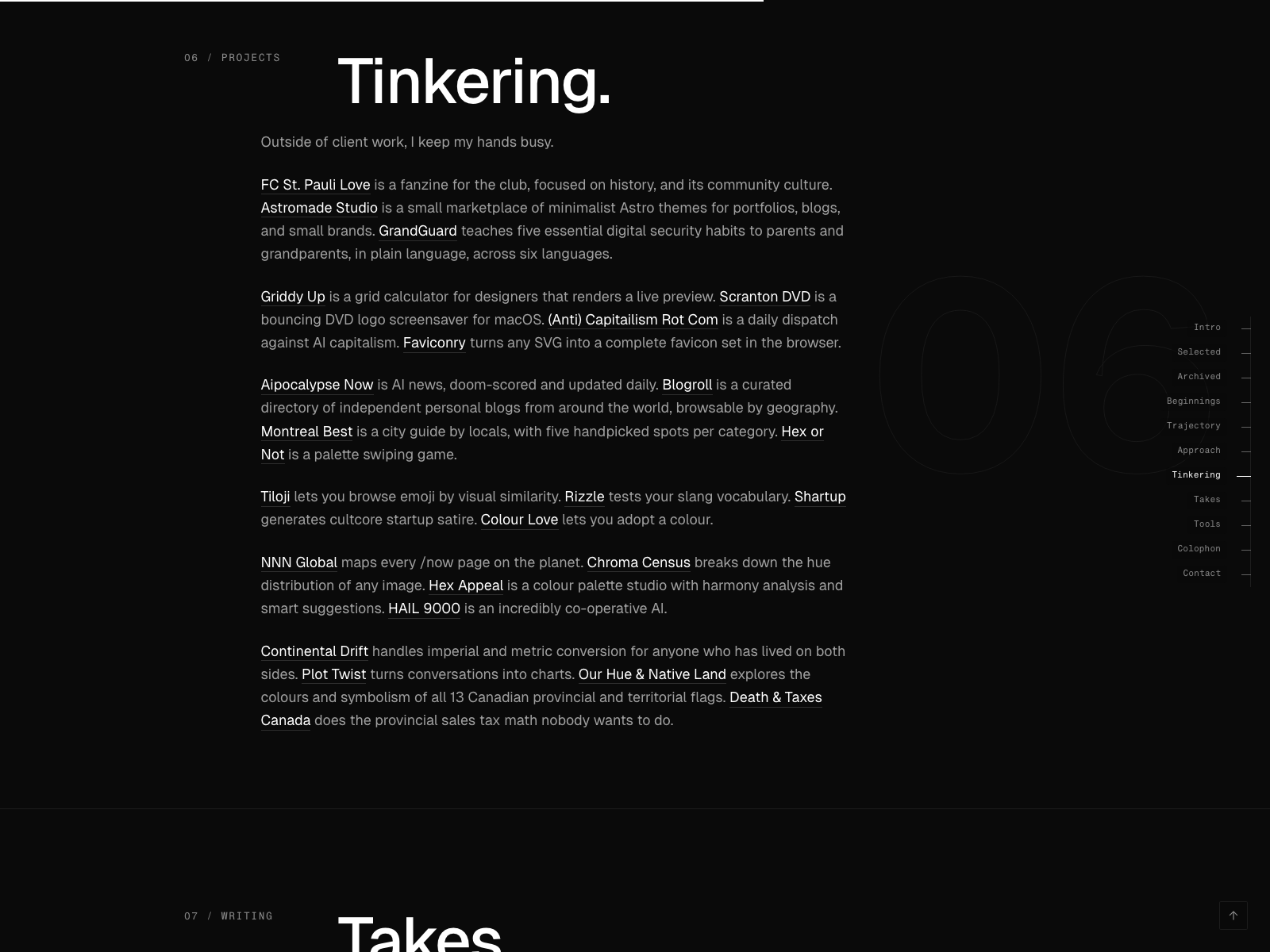 Selected Work, Tinkering, and Takes