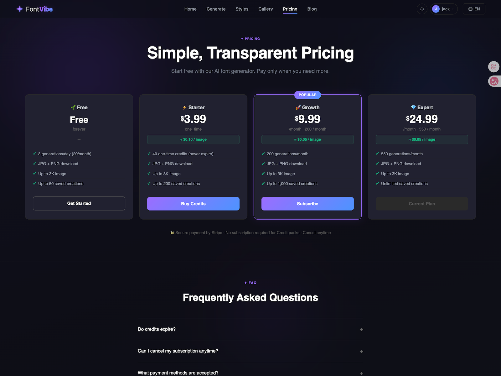 Simple, Transparent Pricing — FontVibe AI...