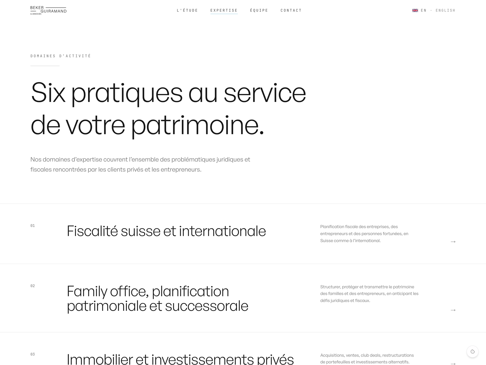 The full expertise page: each practice area...