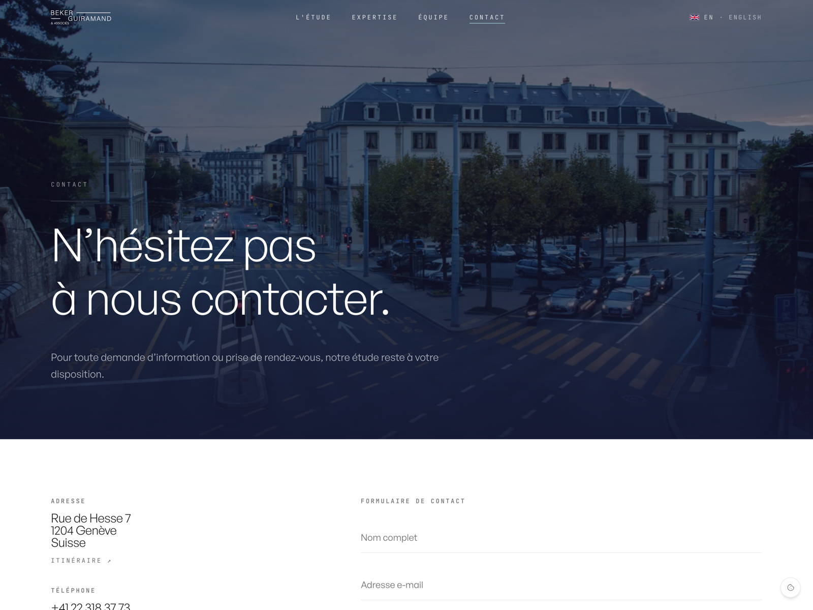 Contact page: a Geneva photograph above...