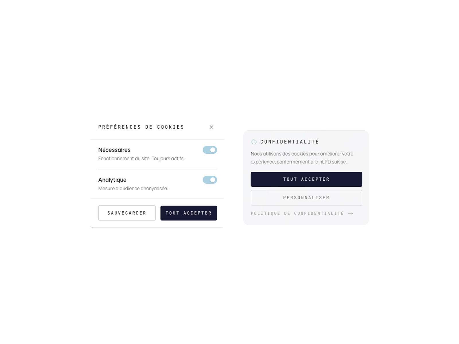 Swiss FADP compliance treated as a design object: a floating button after consent, clear preferences, brand tone carried into the smallest component