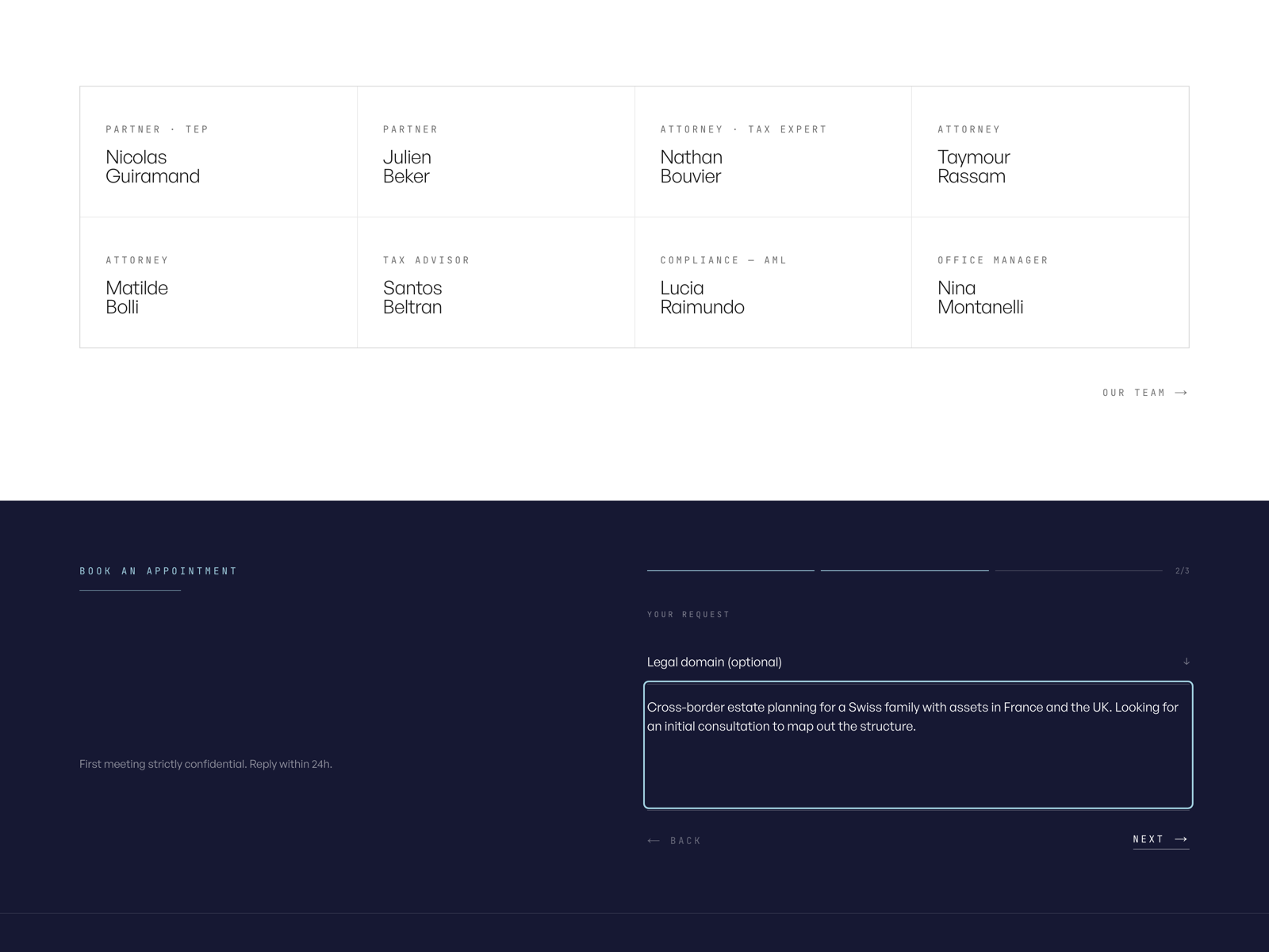 A booking form split into three stages (your...
