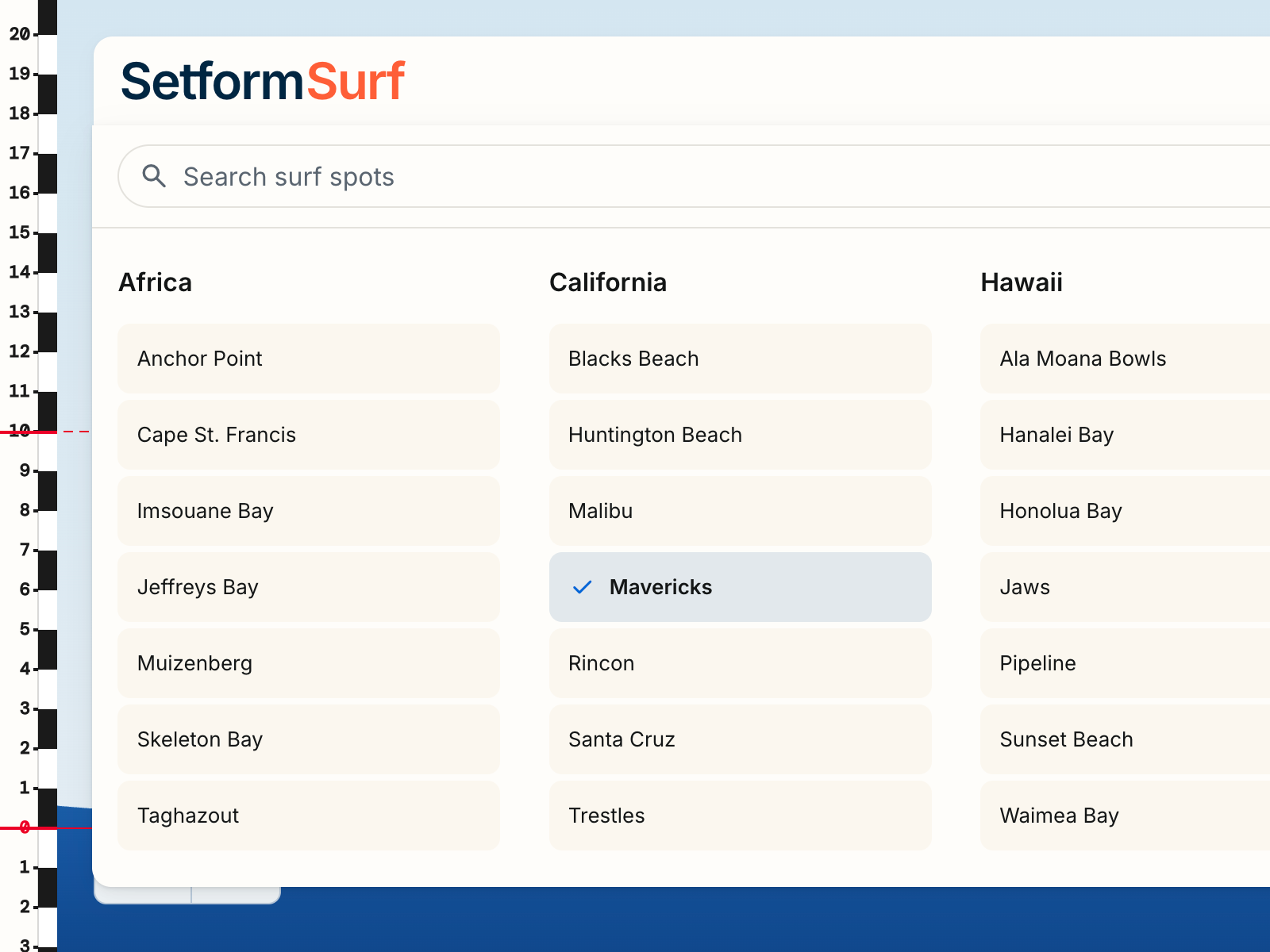 Mega menu with regional surf spot directory...