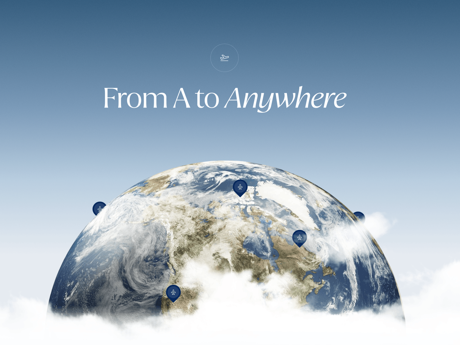 "From A to Anywhere", an interactive 3D globe with destination pins brings Aerodynamics' global reach to life, rising from the clouds.