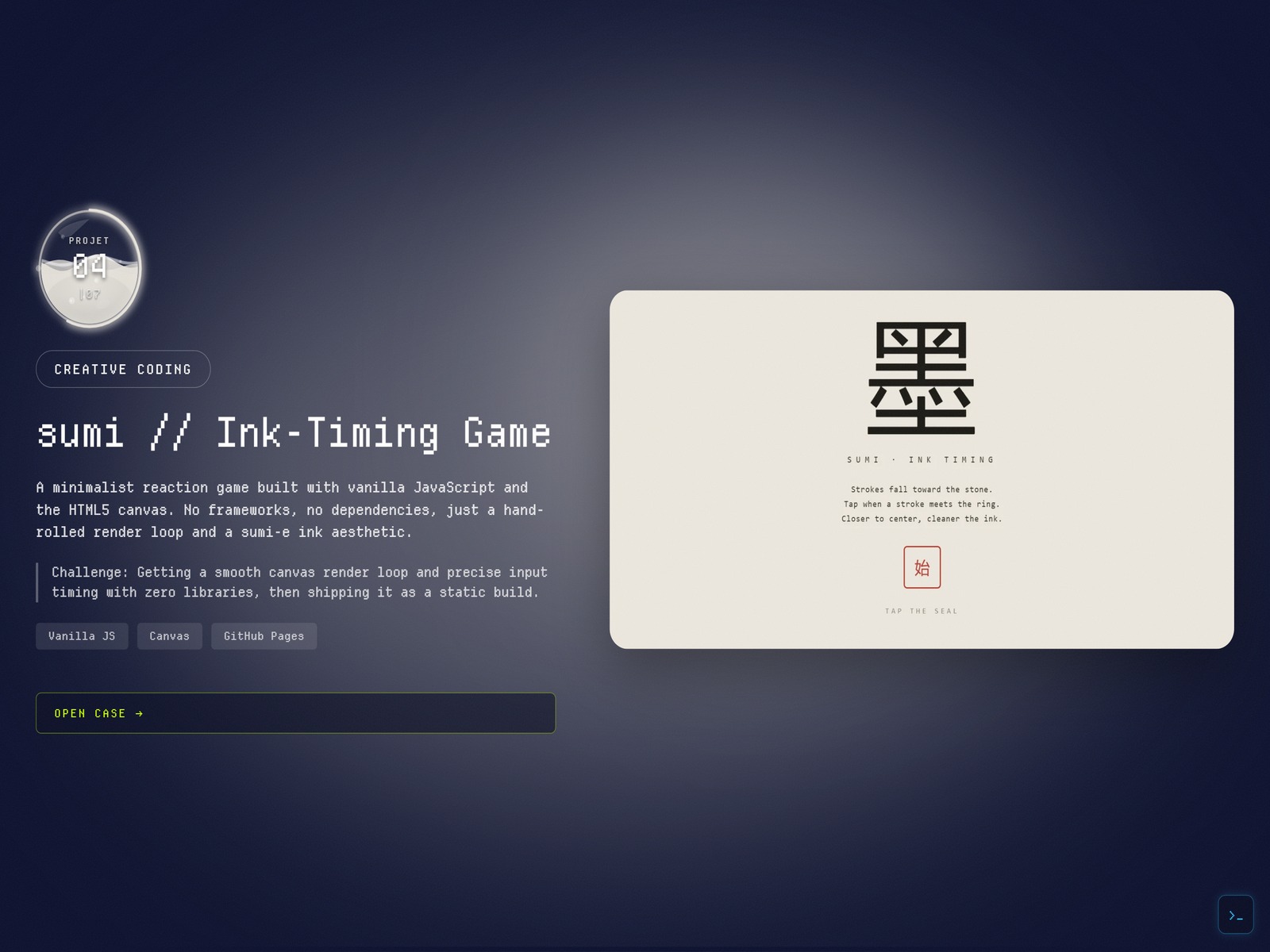 sumi, a vanilla JS ink timing game
