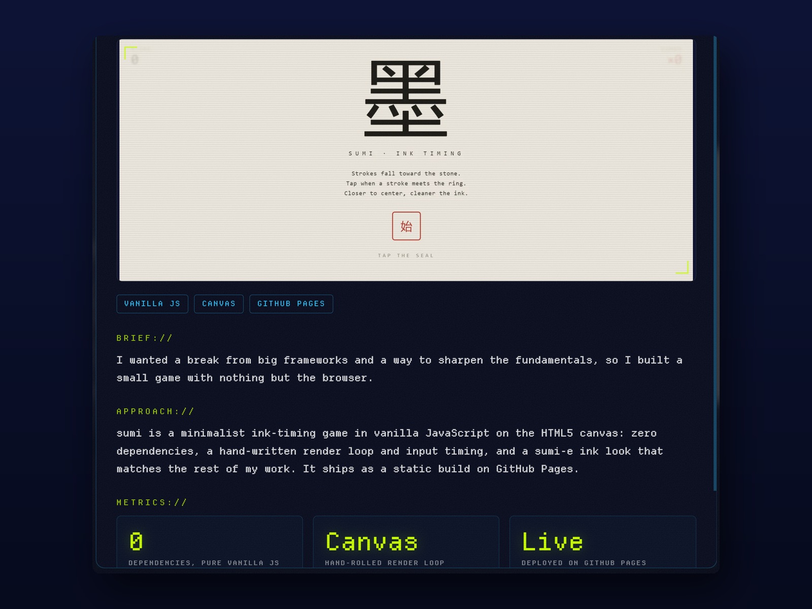 sumi, a vanilla JS ink timing game