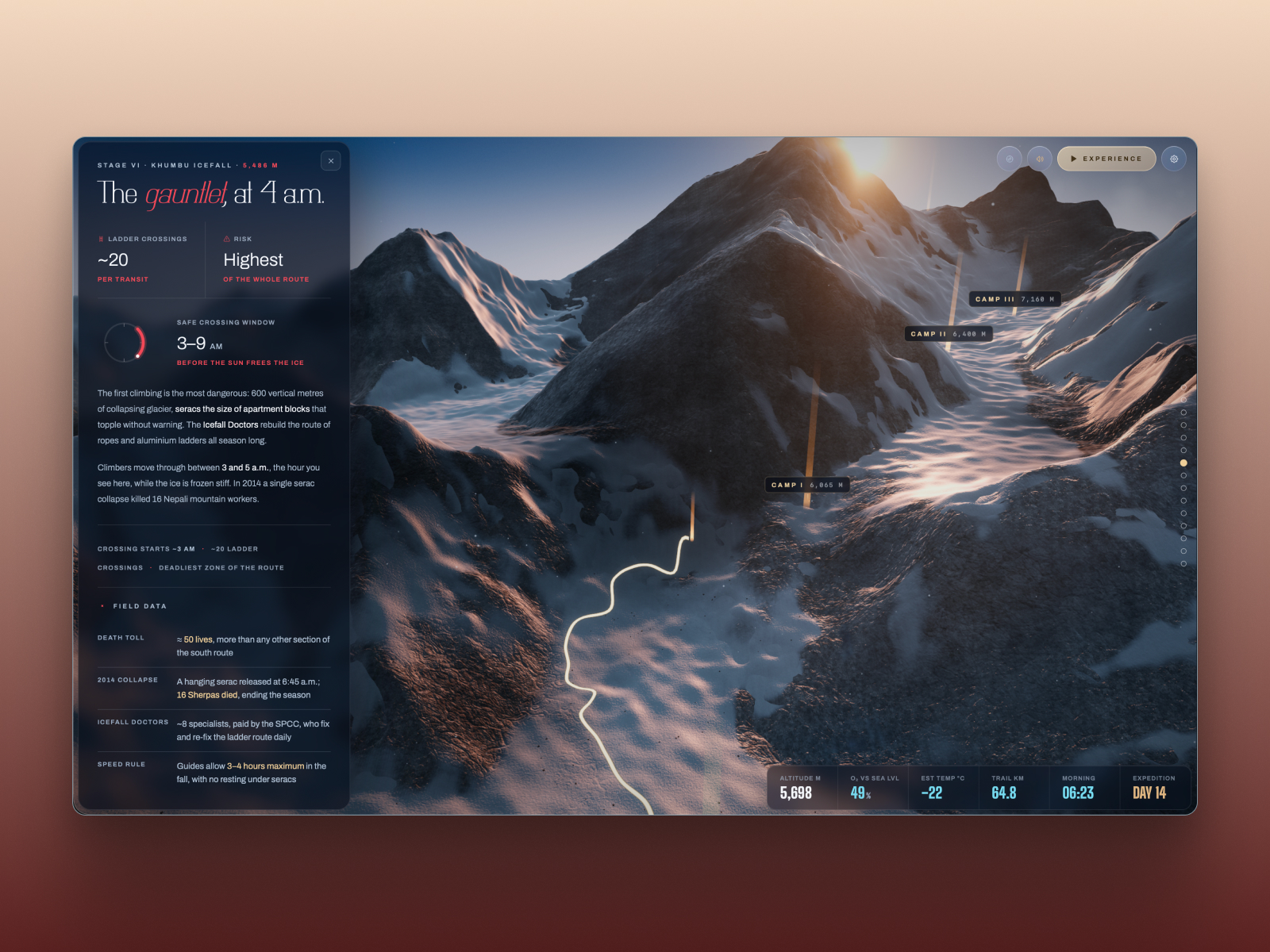 Mid-climb views of the live 3D terrain