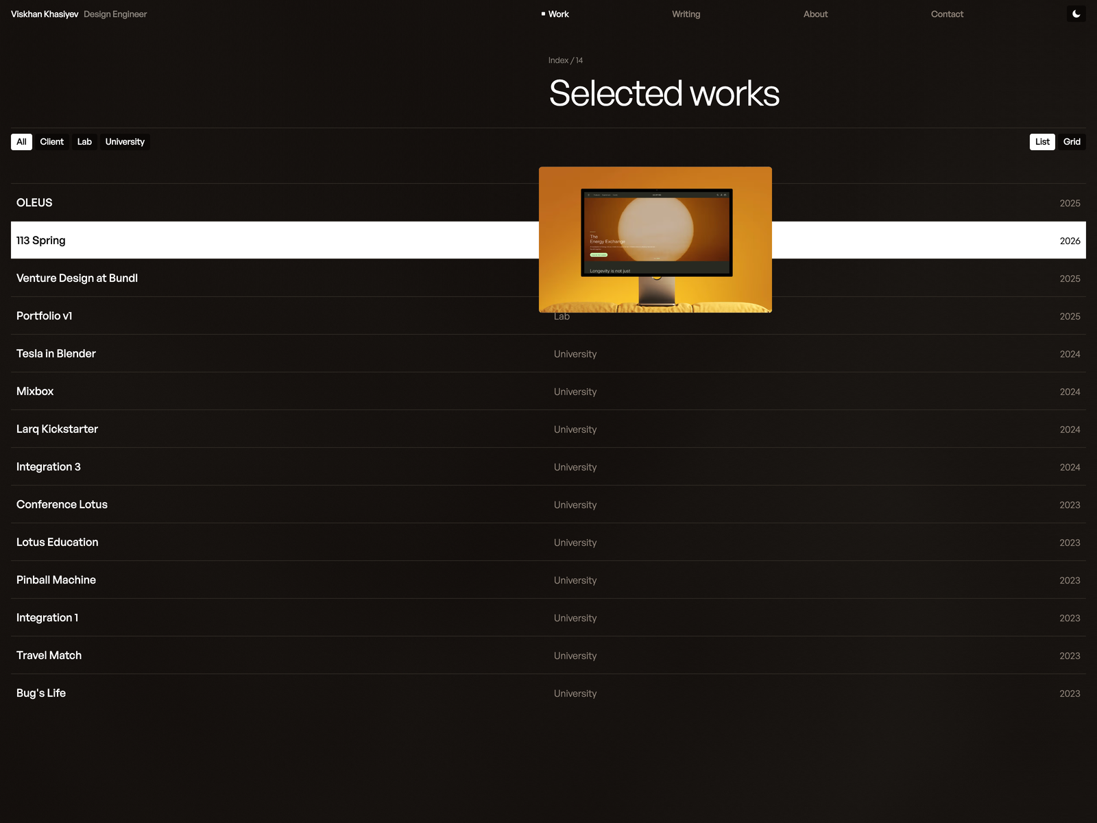 Selected works, list with cursor preview and mosaic grid
