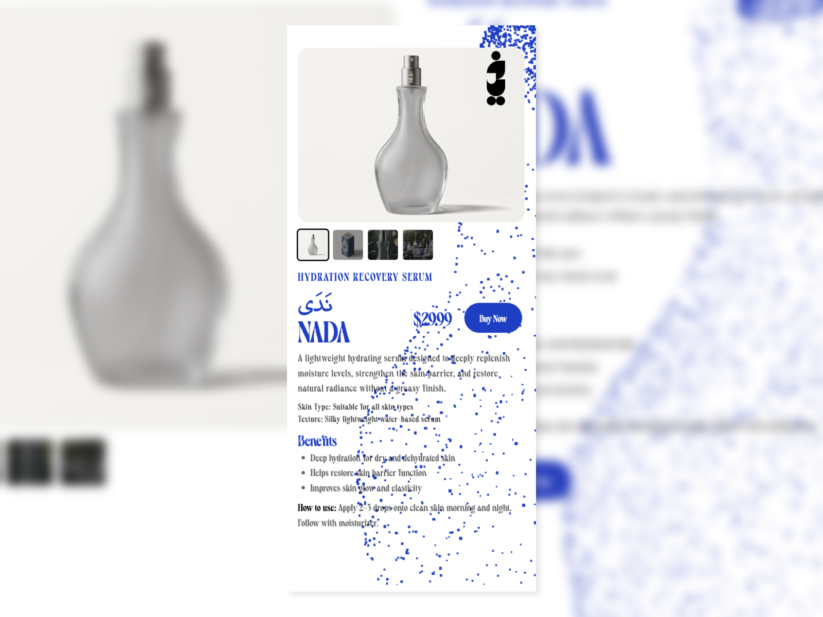 This section presents product details with high-quality imagery, while a rotating pixelated 3D model enhances the background. Products transition through elegant stacked-card animations, creating a smooth and immersive browsing experience.