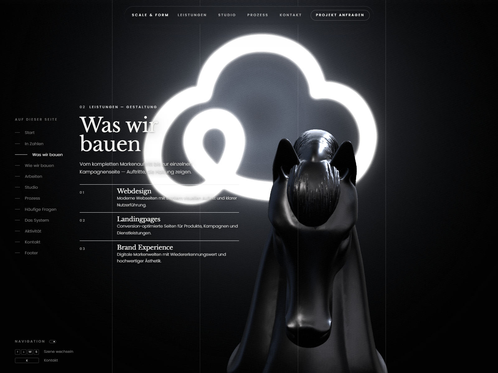 Scroll-scrubbed camera orbiting a single 3D sculpture