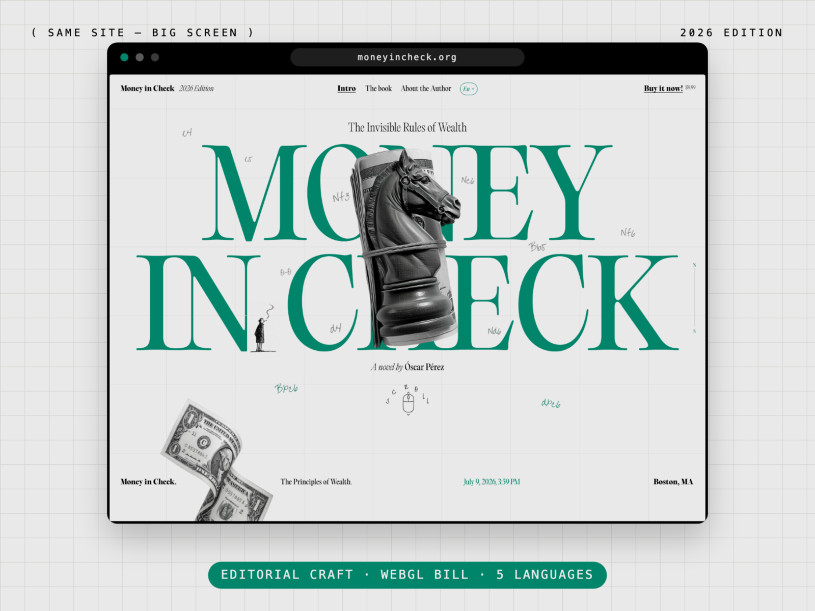 Poster-scale editorial serif with a WebGL dollar bill in flight