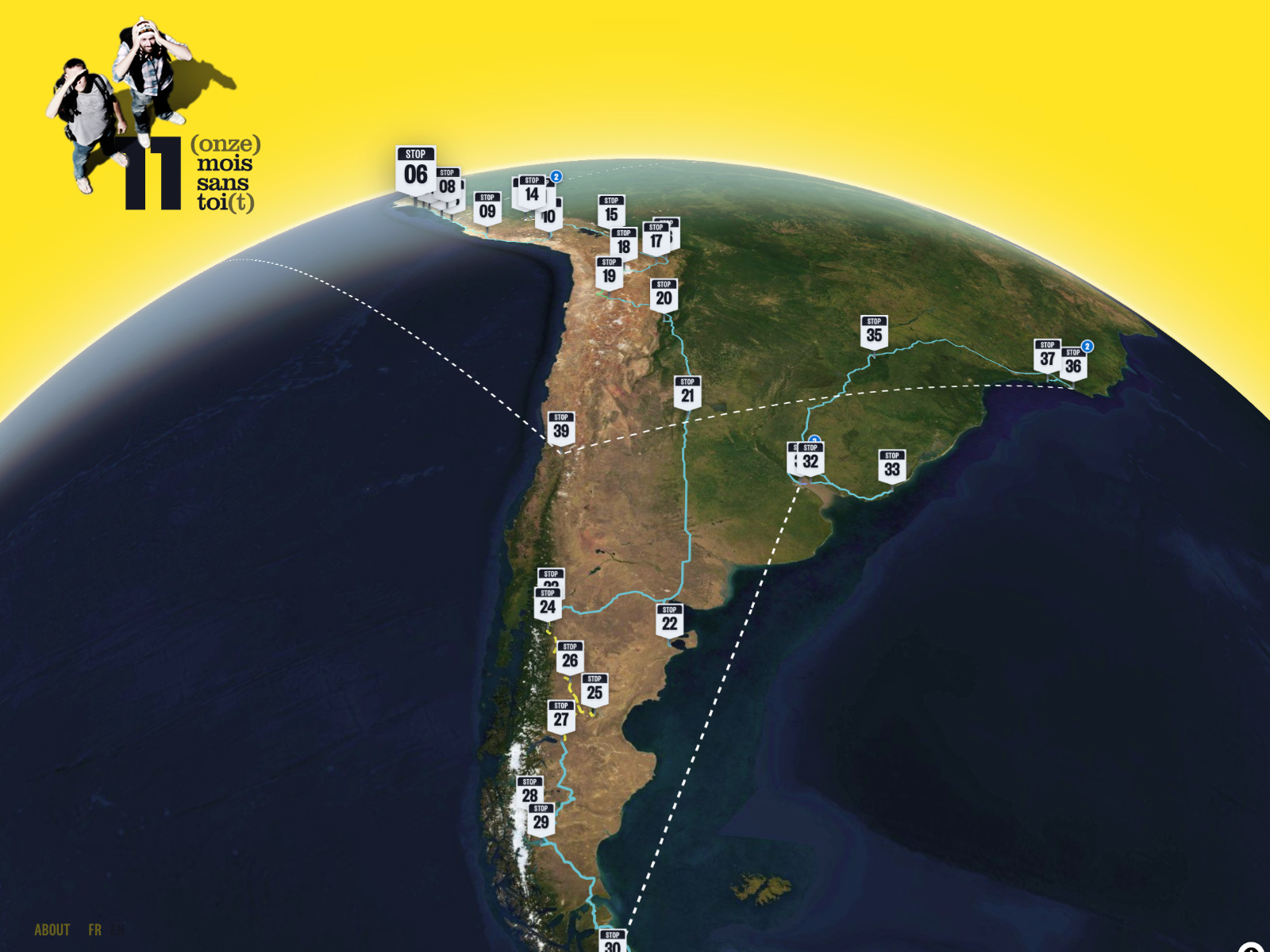 3D globe with road-sign stops and day-by-day...