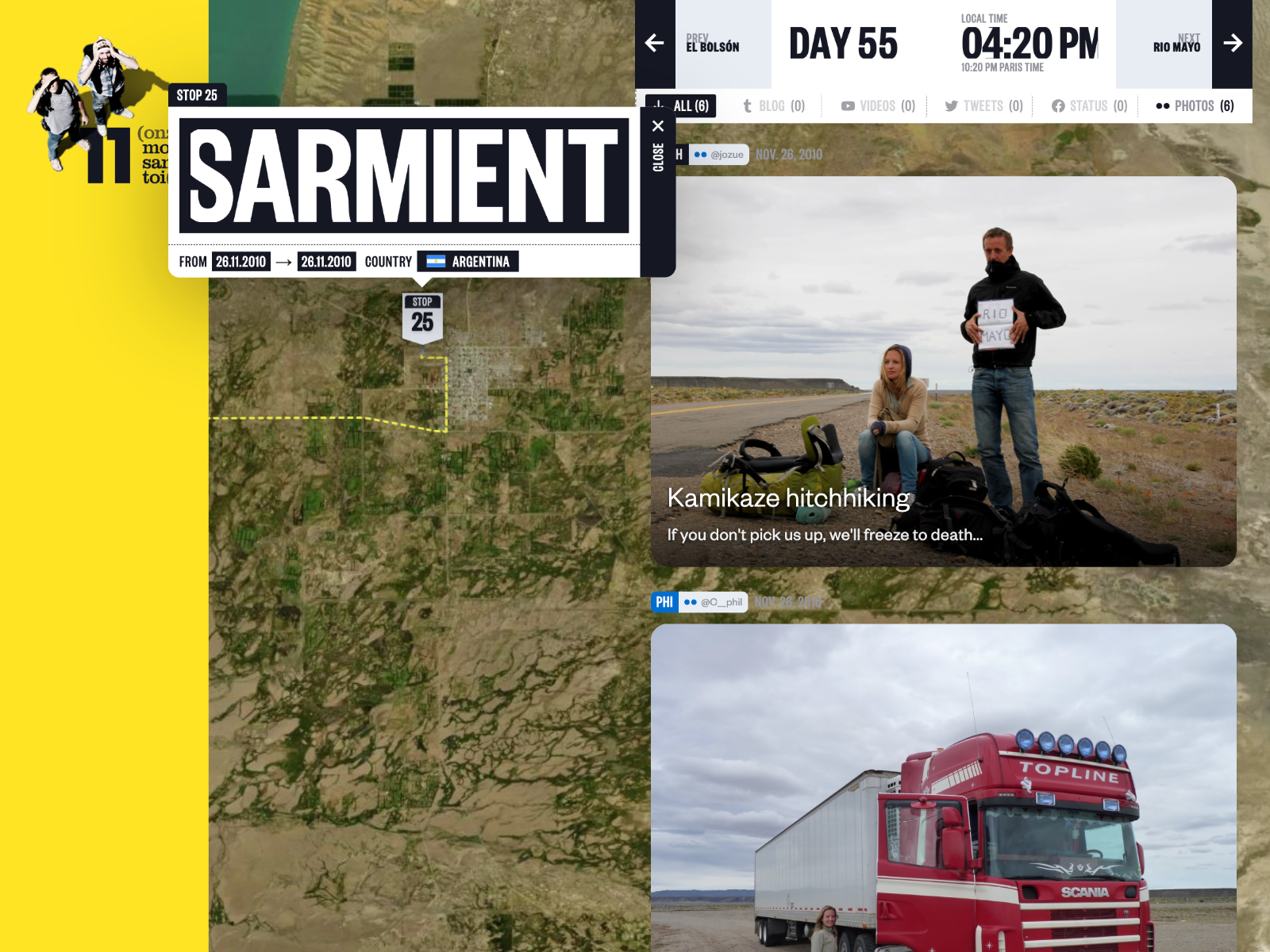 3D globe with road-sign stops and day-by-day content