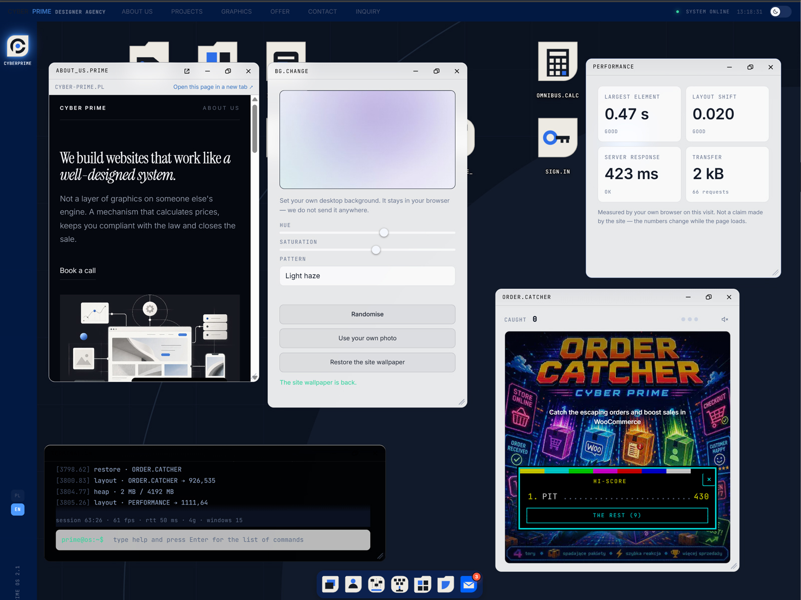 Draggable live tools inside a desktop portfolio