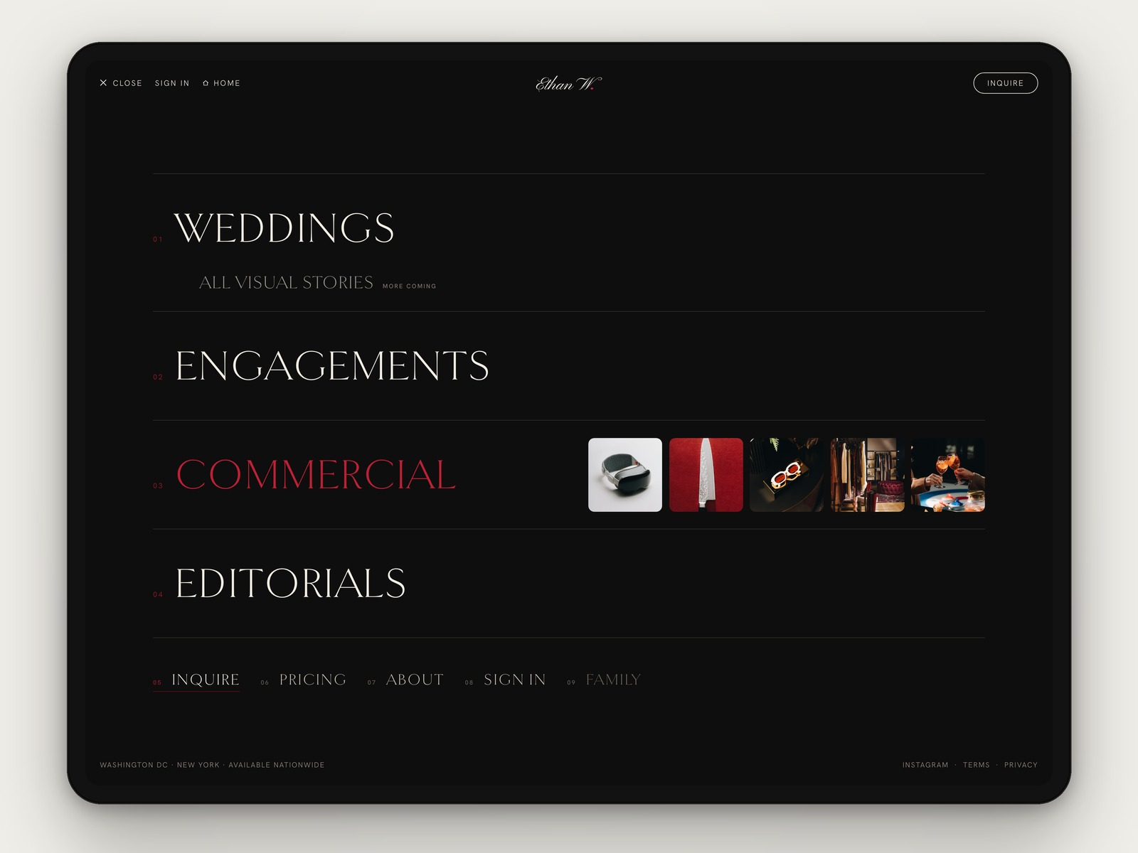 The home index, and a dark menu whose thumbnails...