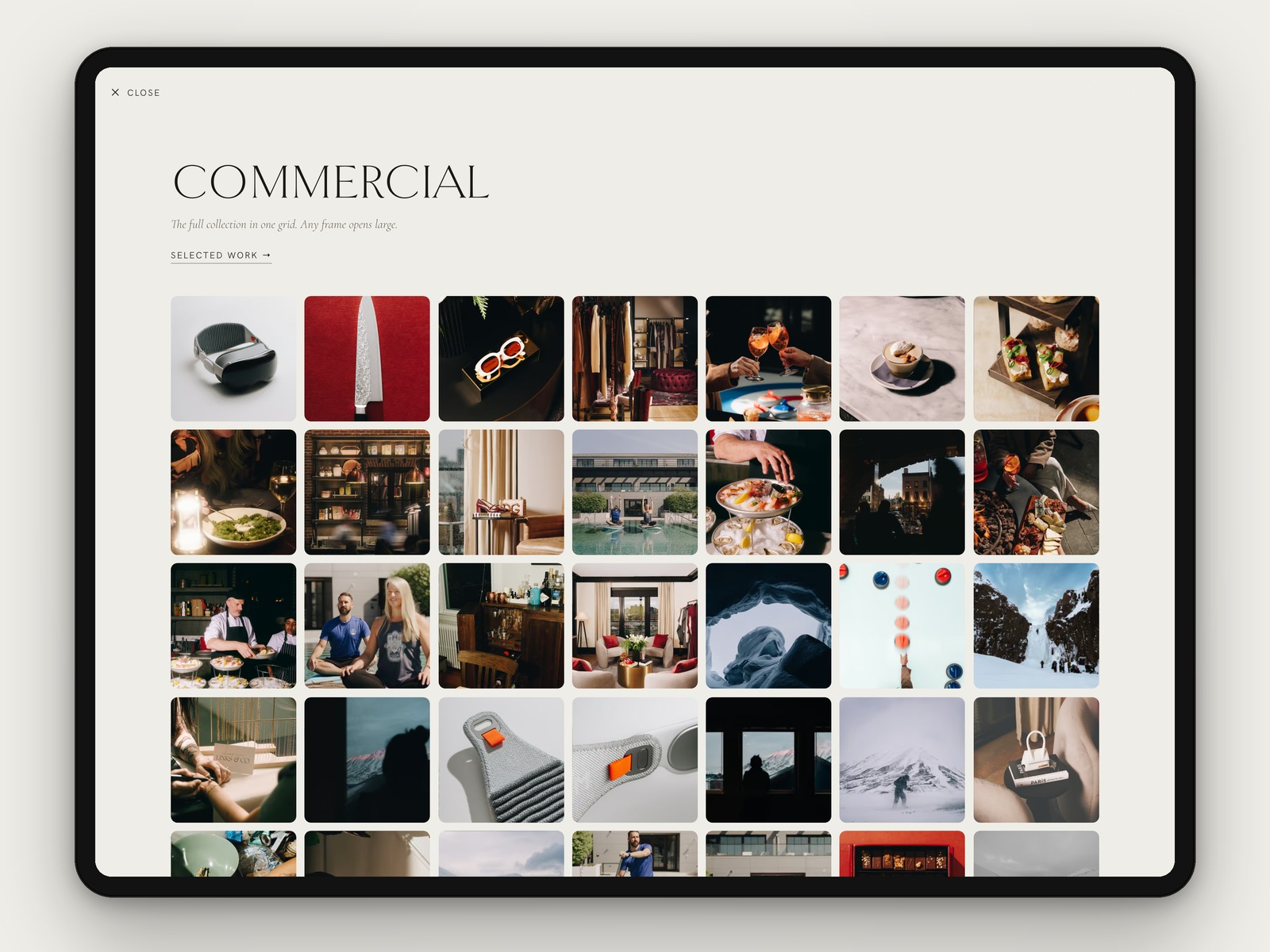 The home index, and a dark menu whose thumbnails flip into a contact sheet