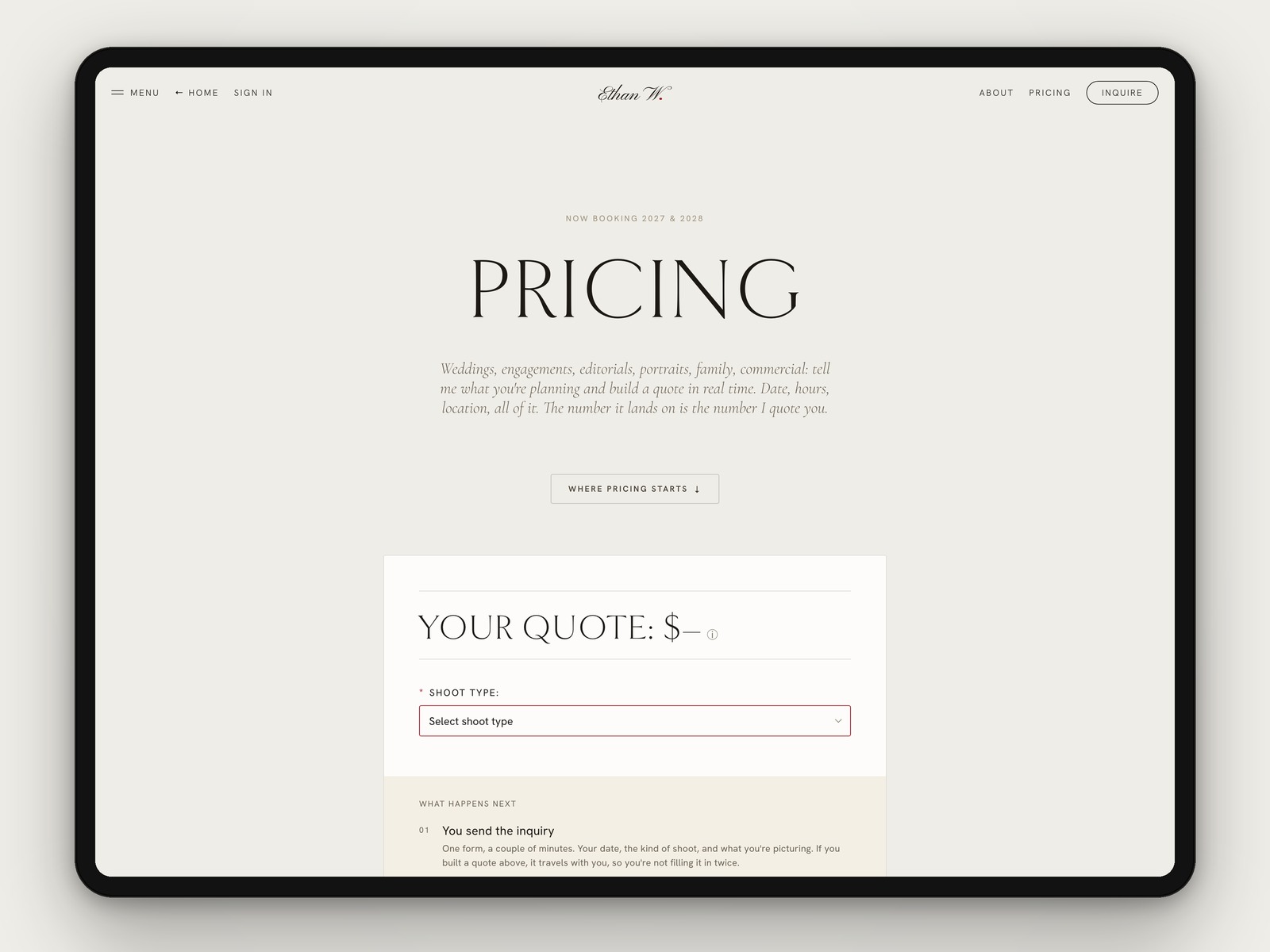 Pricing, a quote built live as you answer