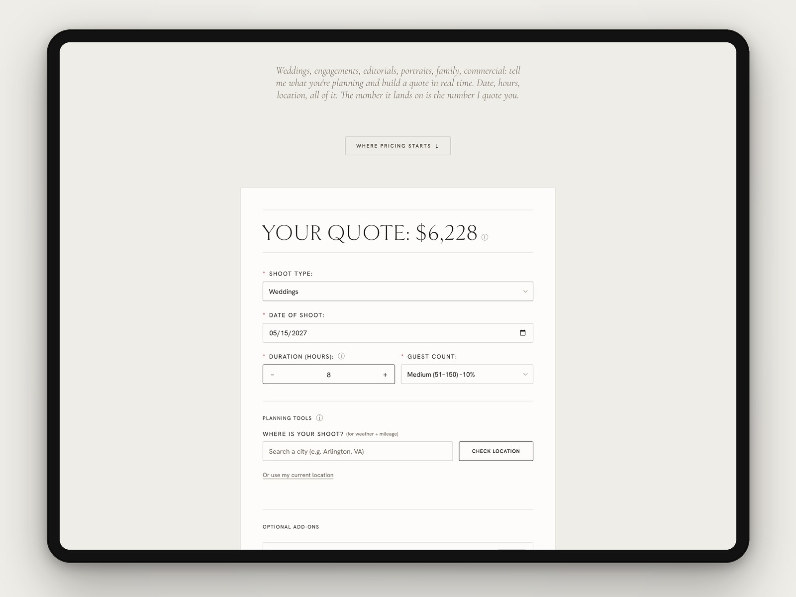Pricing, a quote built live as you answer