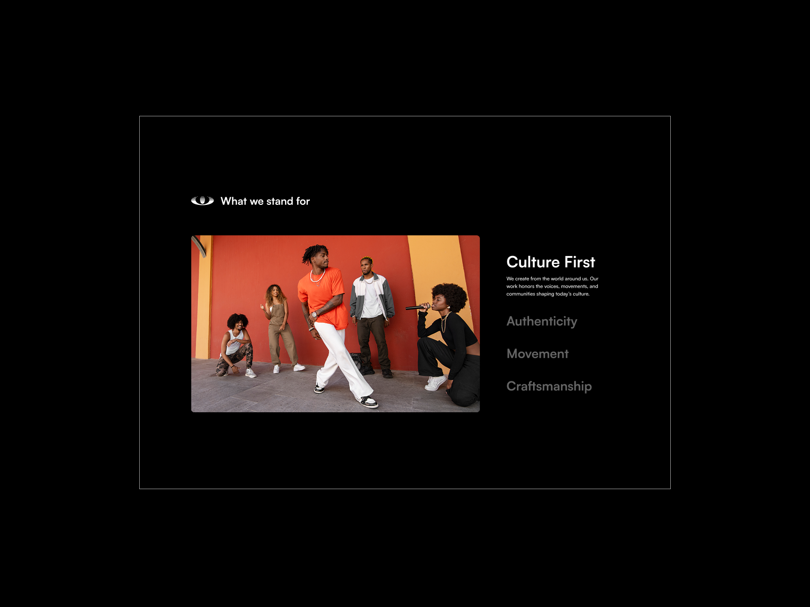 The About Us section brings together contrasting visual directions through a dynamic image composition and parallax effects