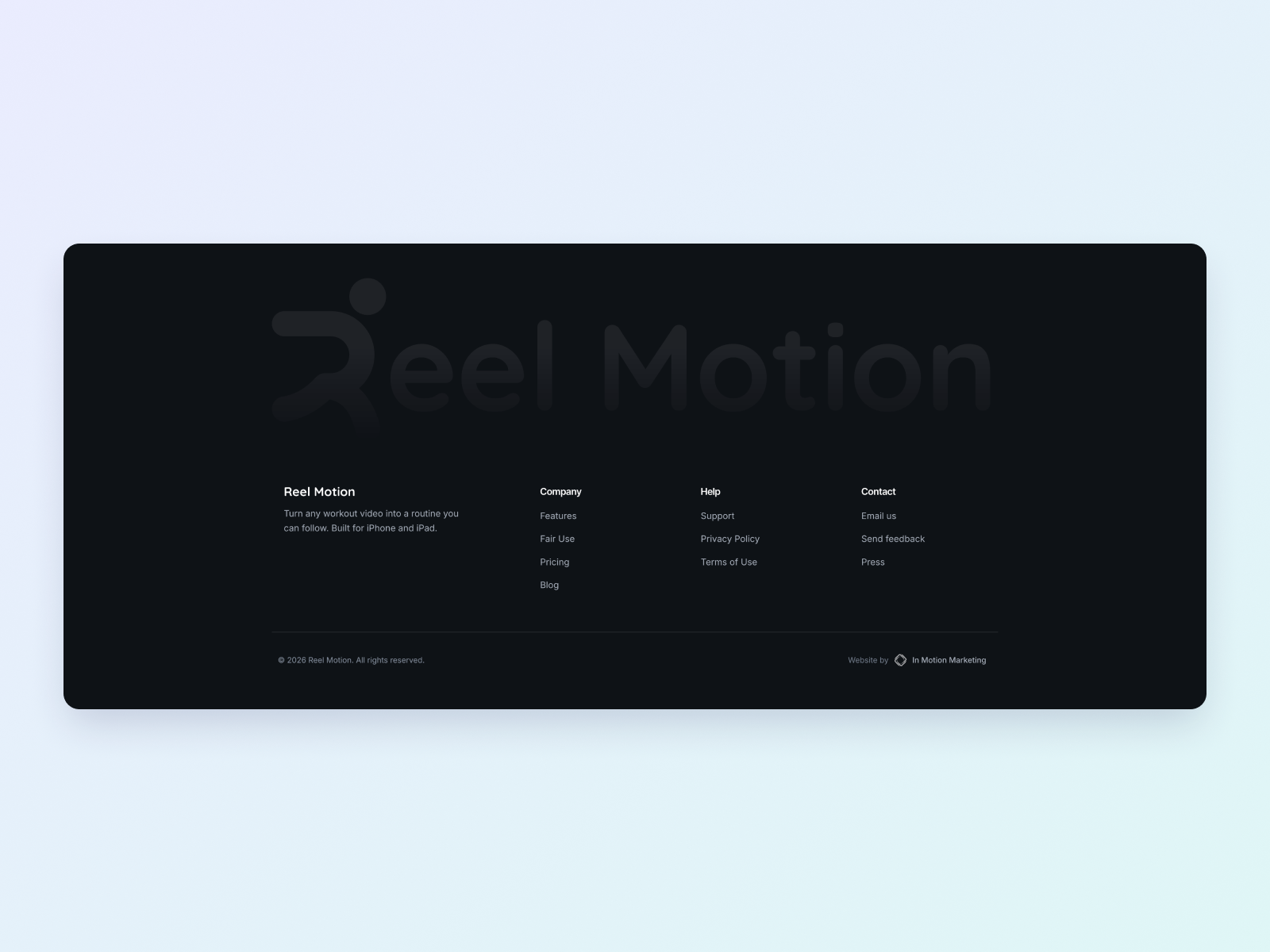 Dark footer with oversized wordmark