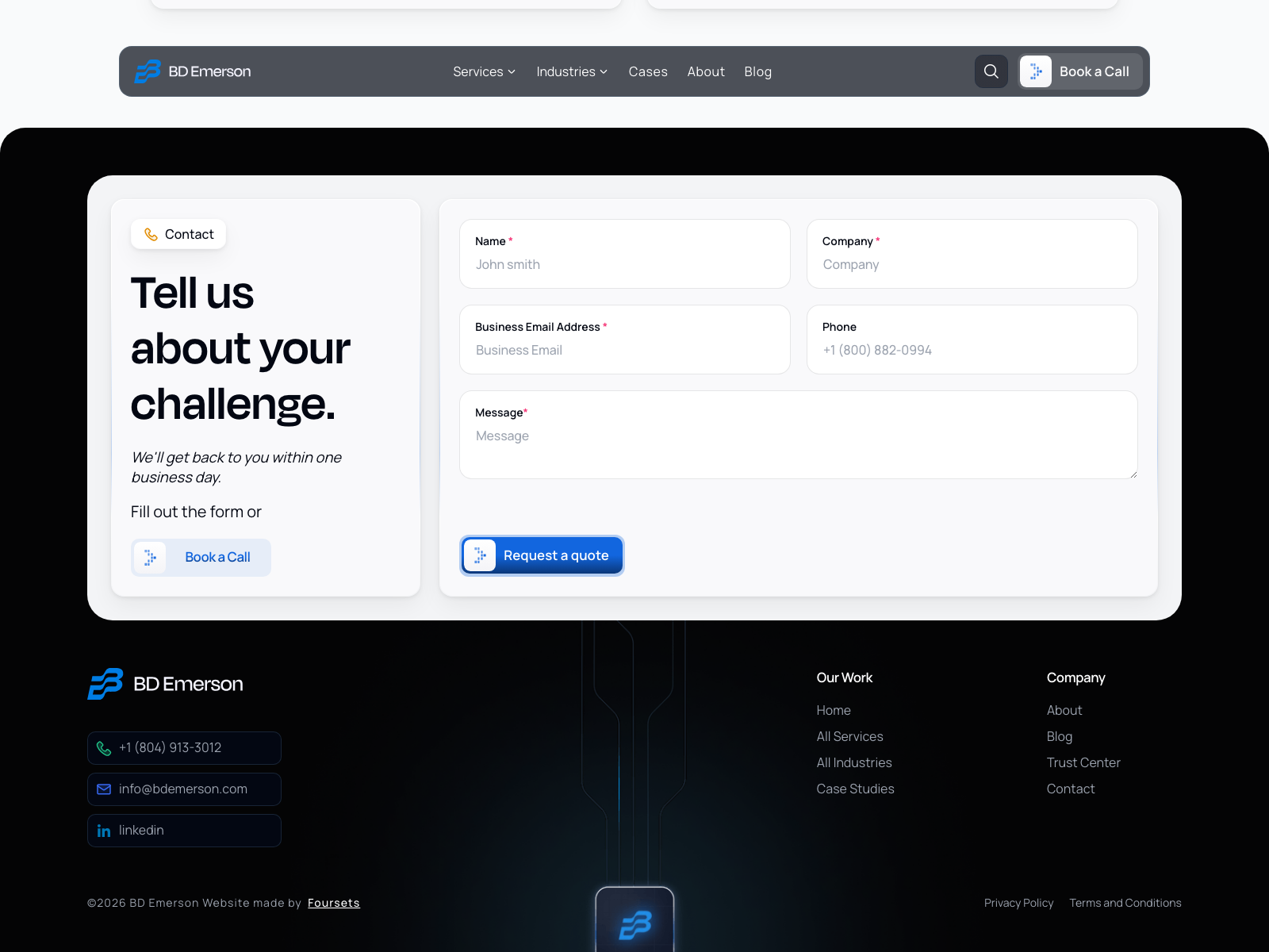 Two-panel contact form over a dark footer