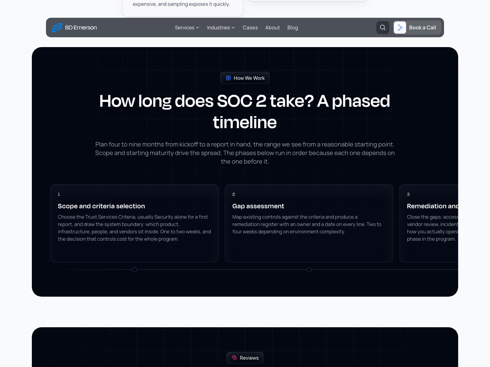 Phased timeline cards on a dark grid